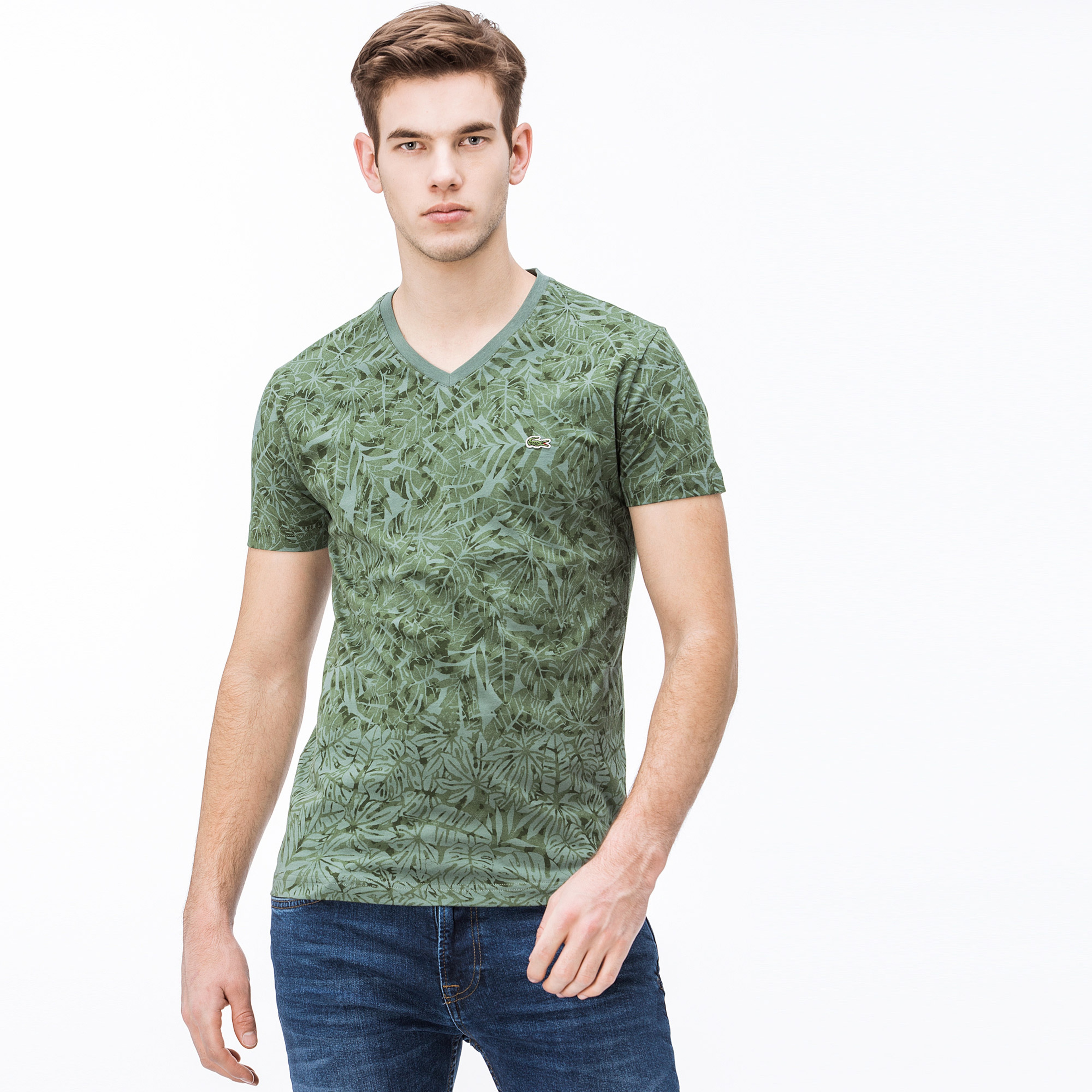 Lacoste Erkek V Yaka Desenli Yeşil T-Shirt