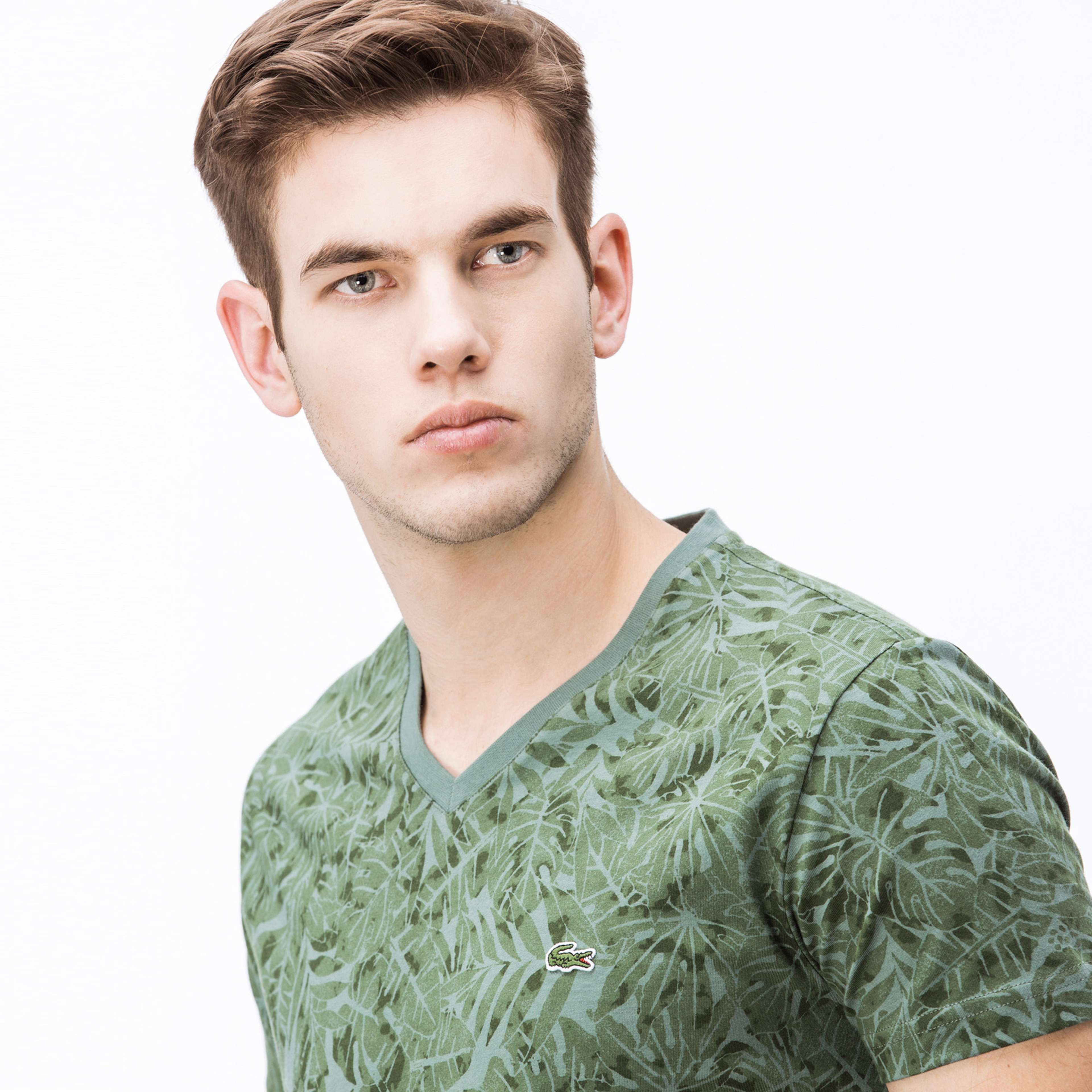 Lacoste Erkek V Yaka Desenli Yeşil T-Shirt
