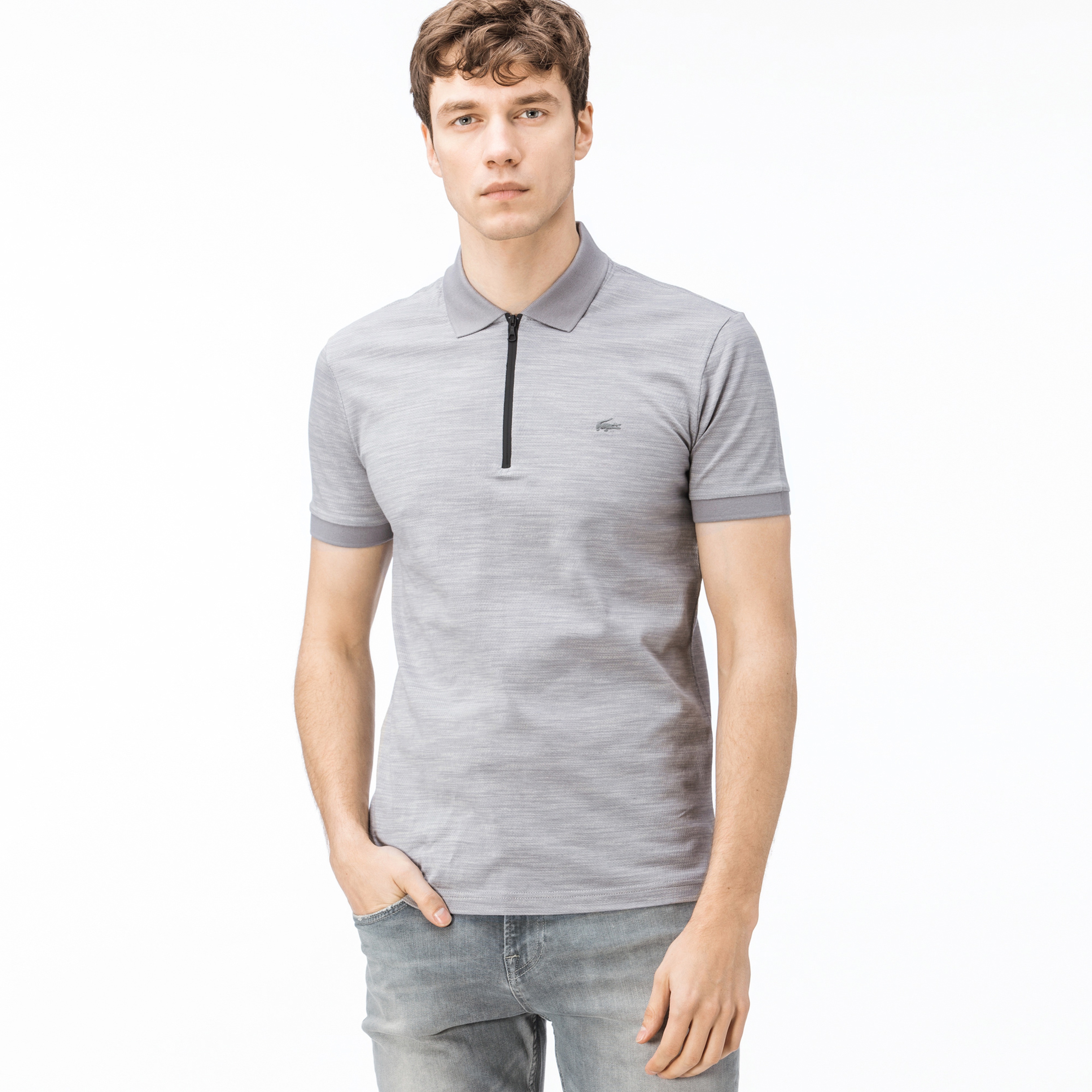 Lacoste Erkek Slim Fit Fermuarlı Gri Melanj Polo