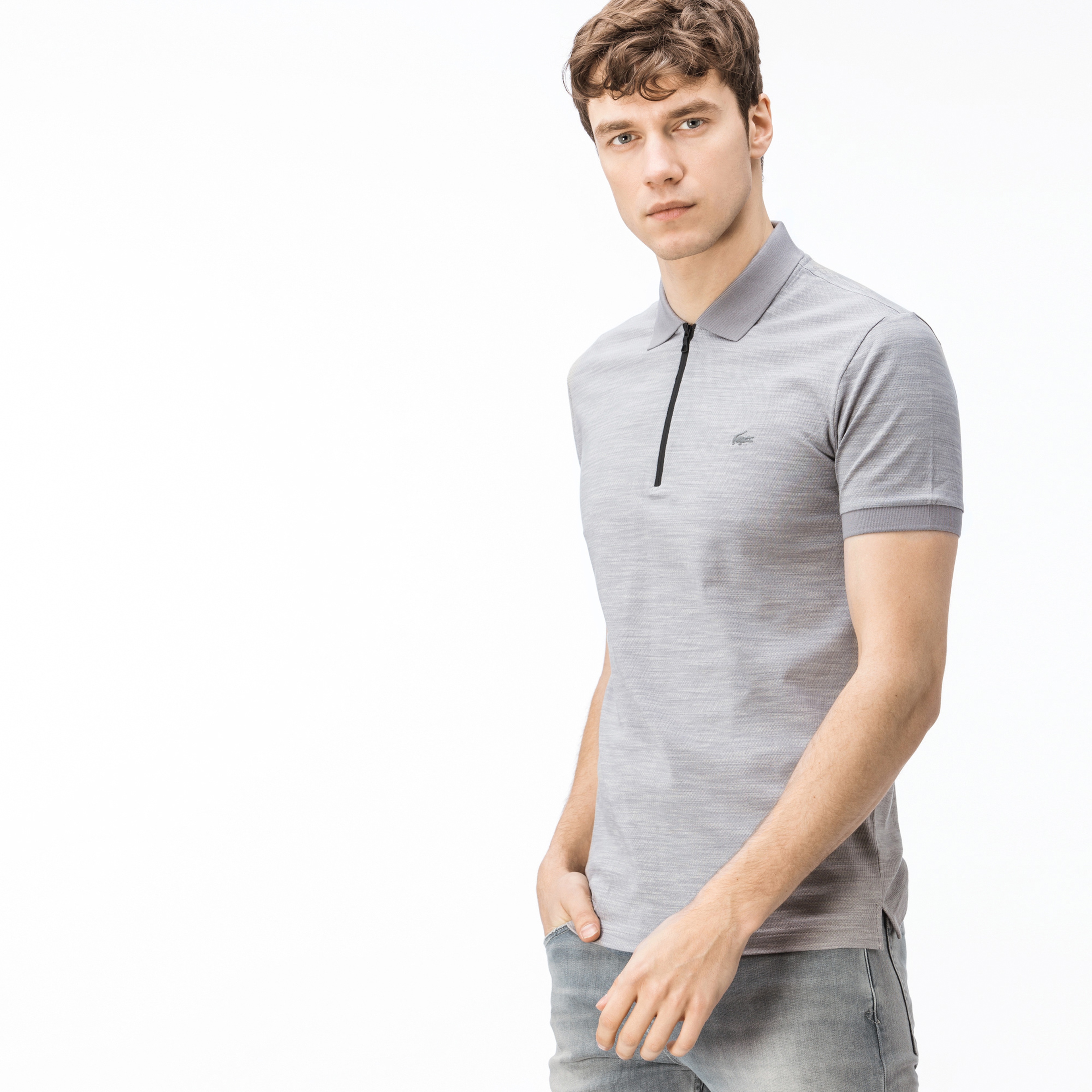 Lacoste Erkek Slim Fit Fermuarlı Gri Melanj Polo