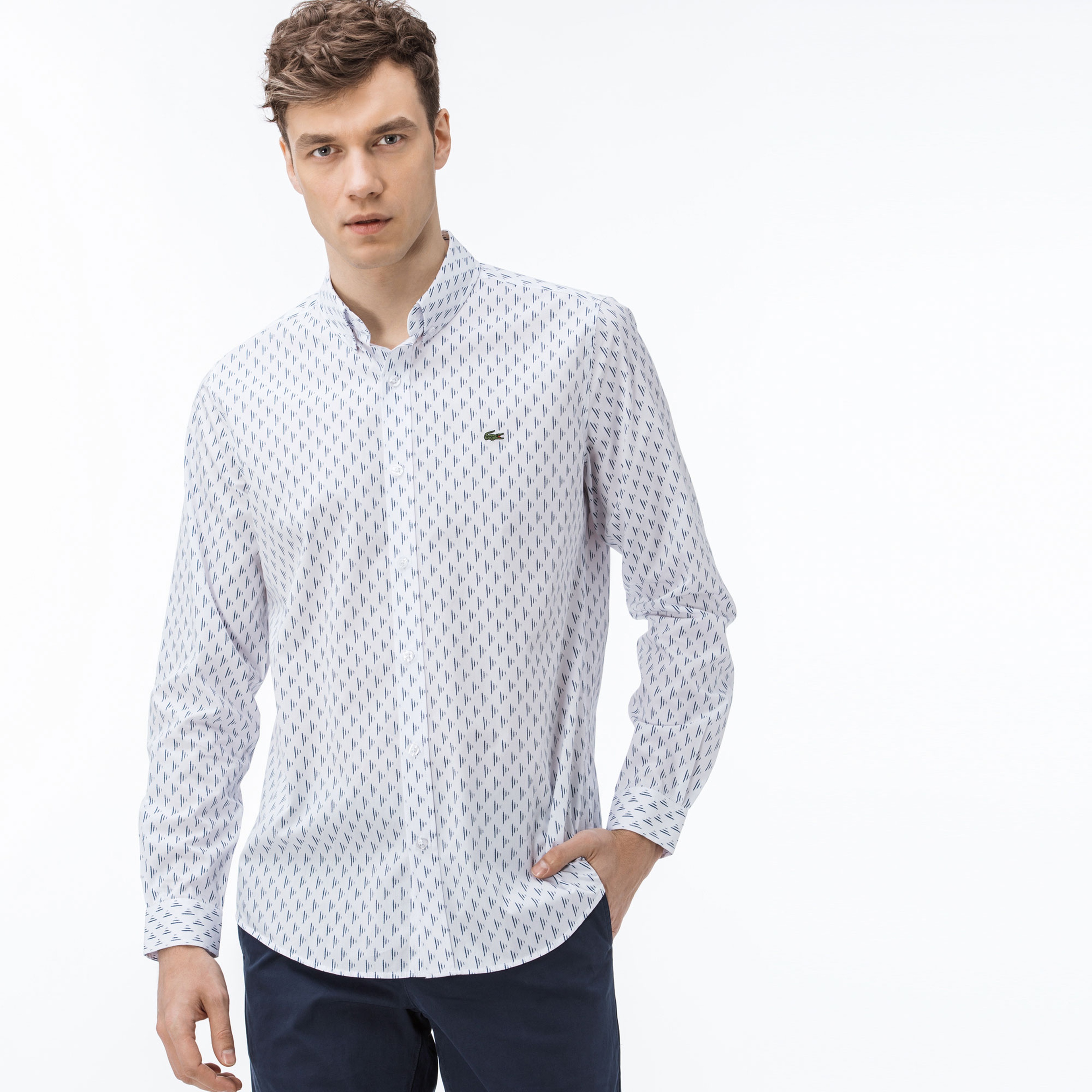 Lacoste Erkek Slim Fit Desenli Beyaz Gömlek