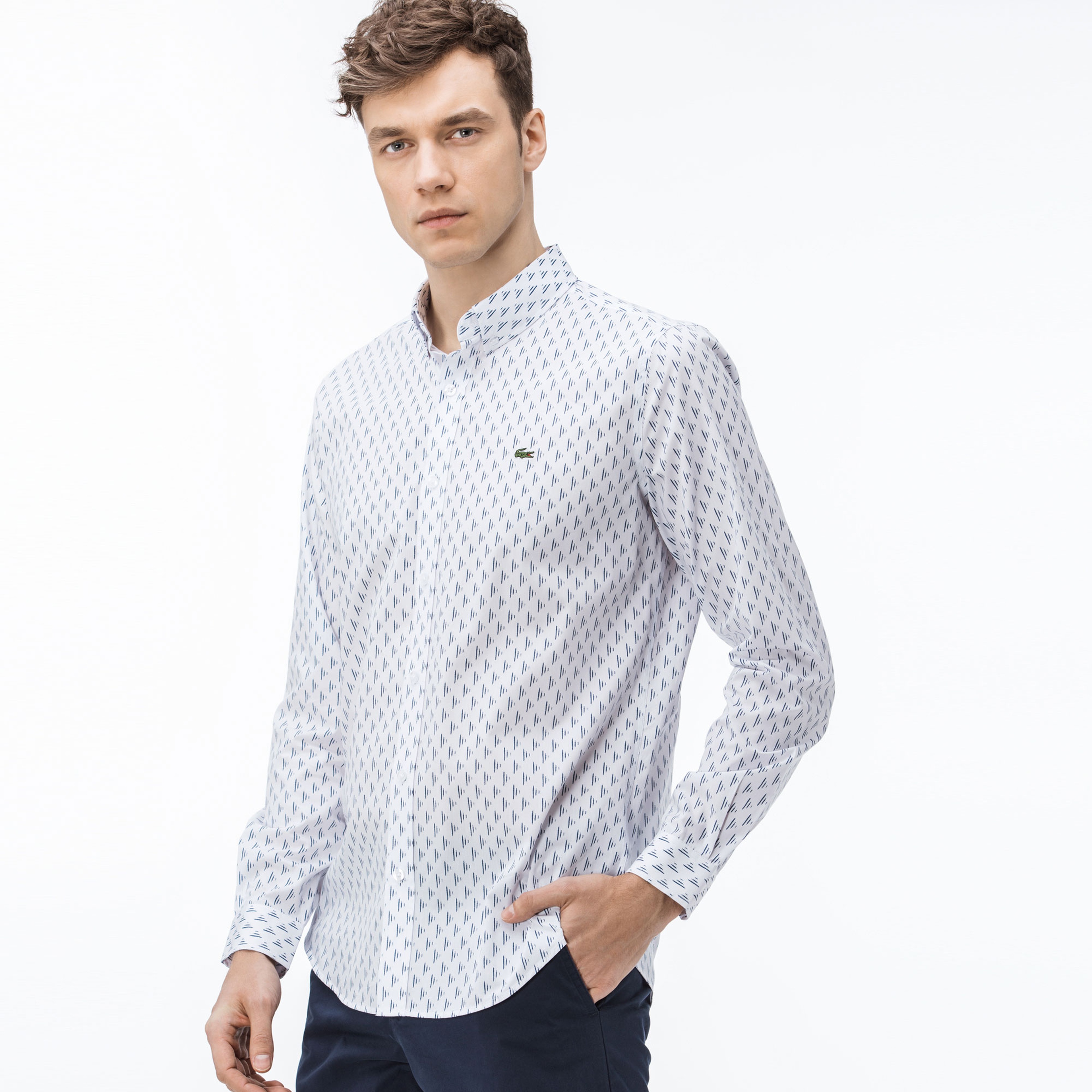 Lacoste Erkek Slim Fit Desenli Beyaz Gömlek