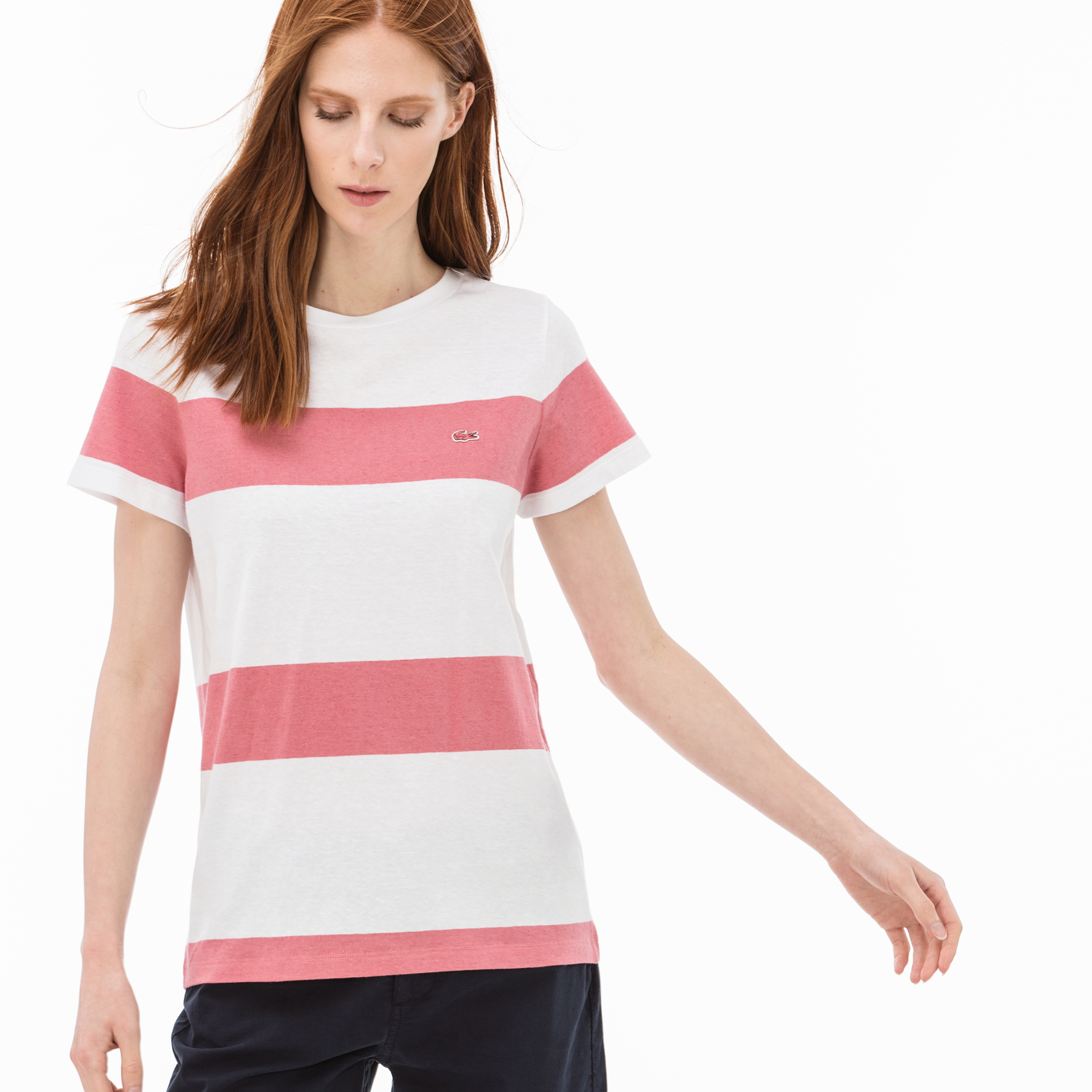 Lacoste Kadın Çizgili Beyaz-Kırmızı T-Shirt