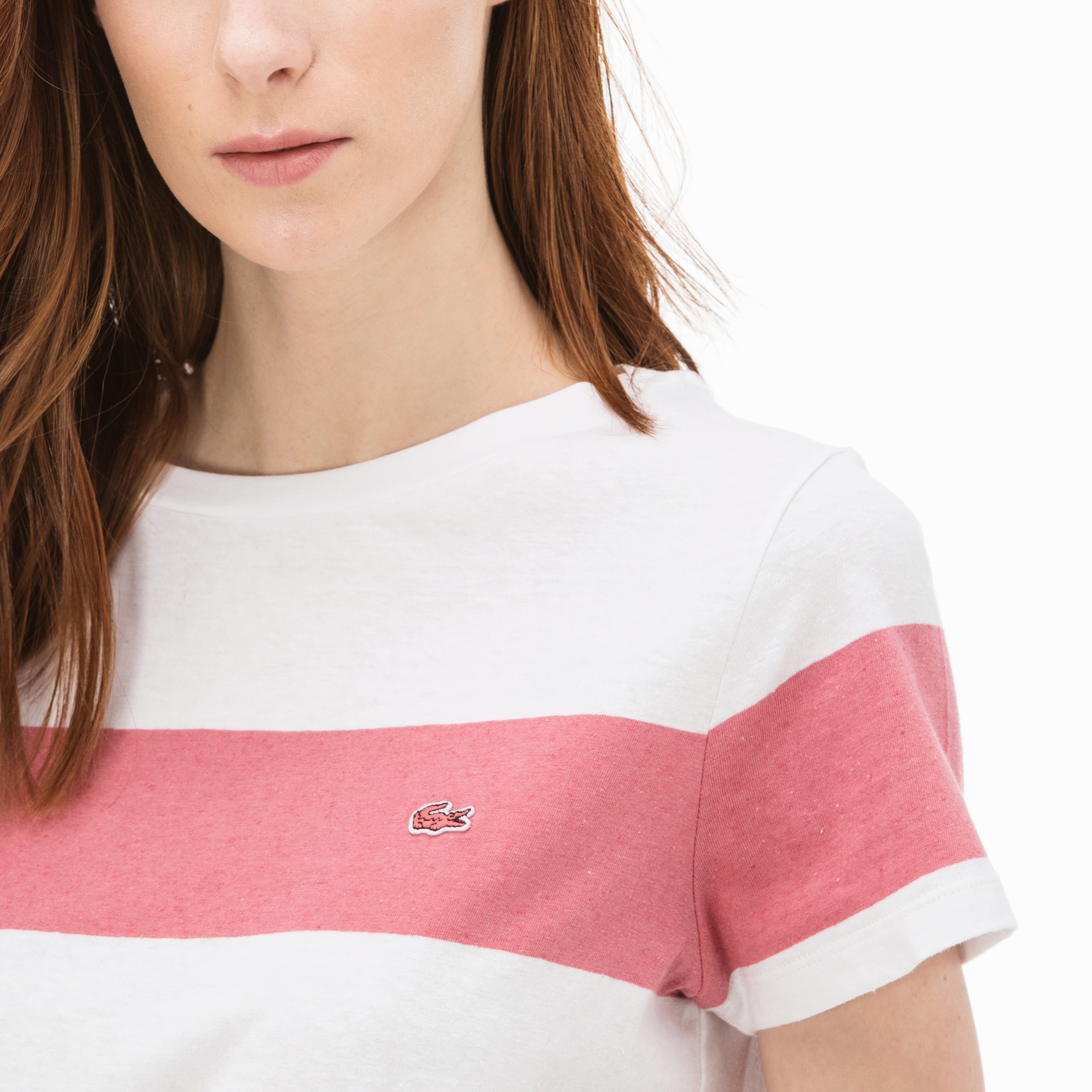 Lacoste Kadın Çizgili Beyaz-Kırmızı T-Shirt