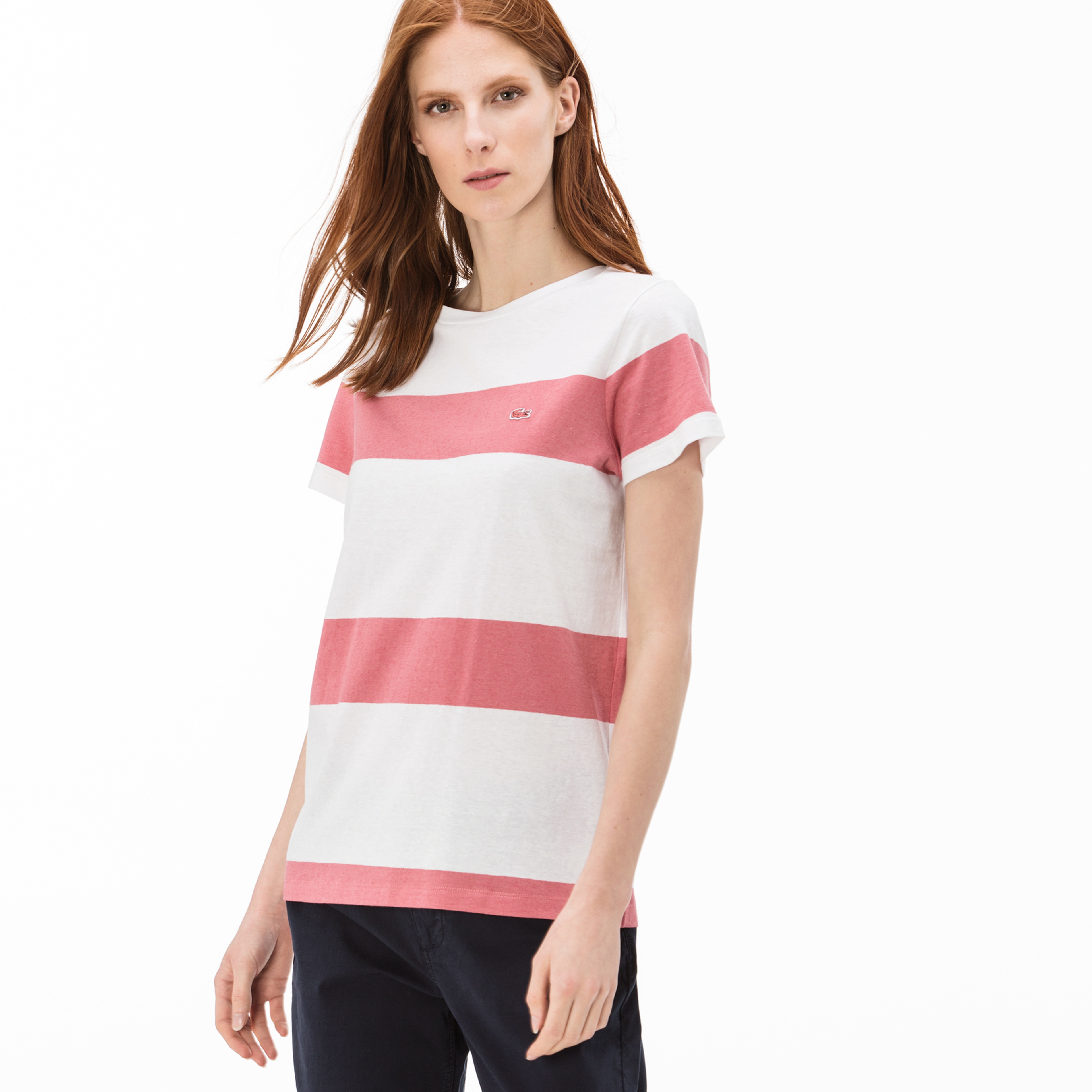 Lacoste Kadın Çizgili Beyaz-Kırmızı T-Shirt