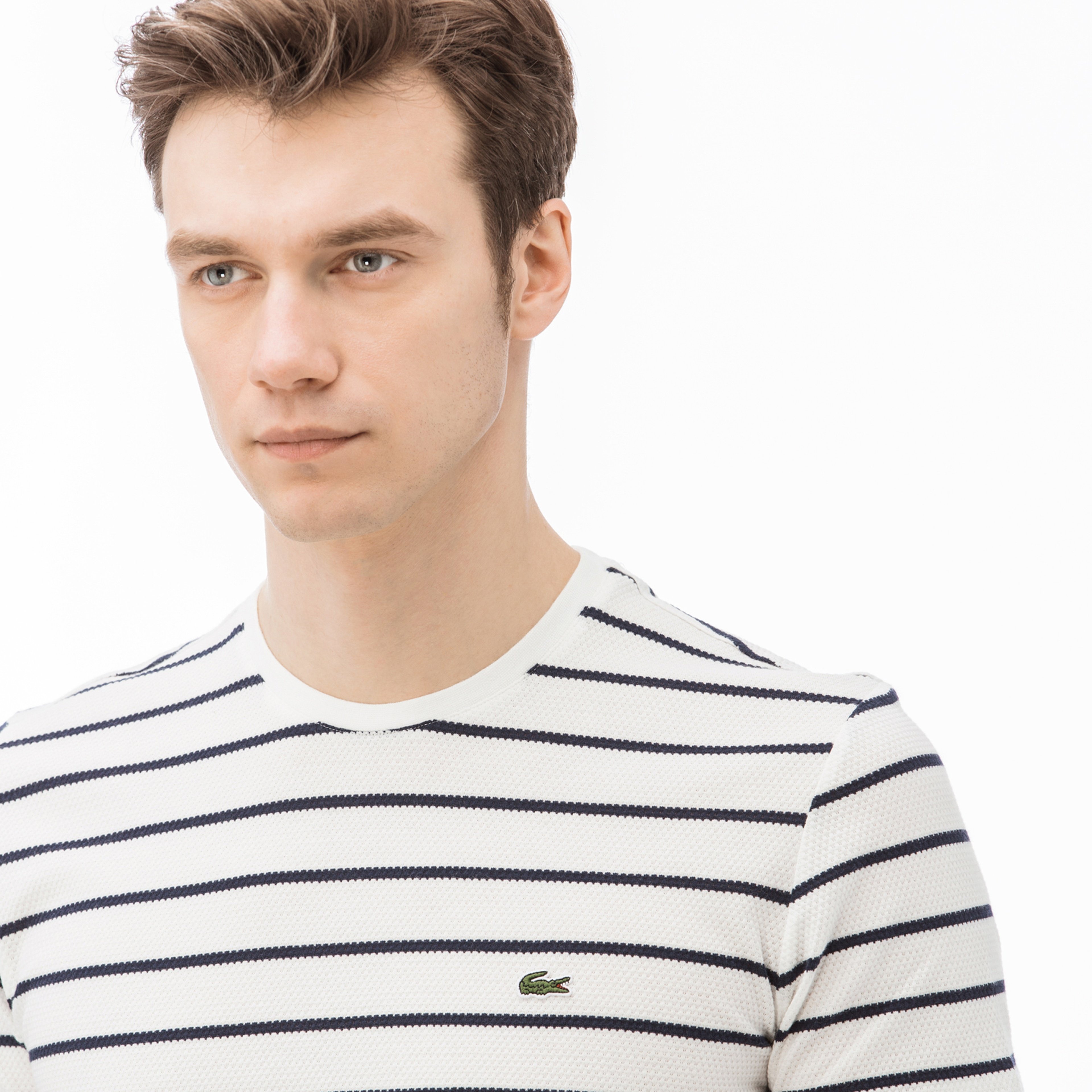 Erkek Slim Fit Bisiklet Yaka Çizgili Beyaz T-Shirt