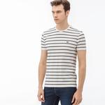 Erkek Slim Fit Bisiklet Yaka Çizgili Beyaz T-Shirt