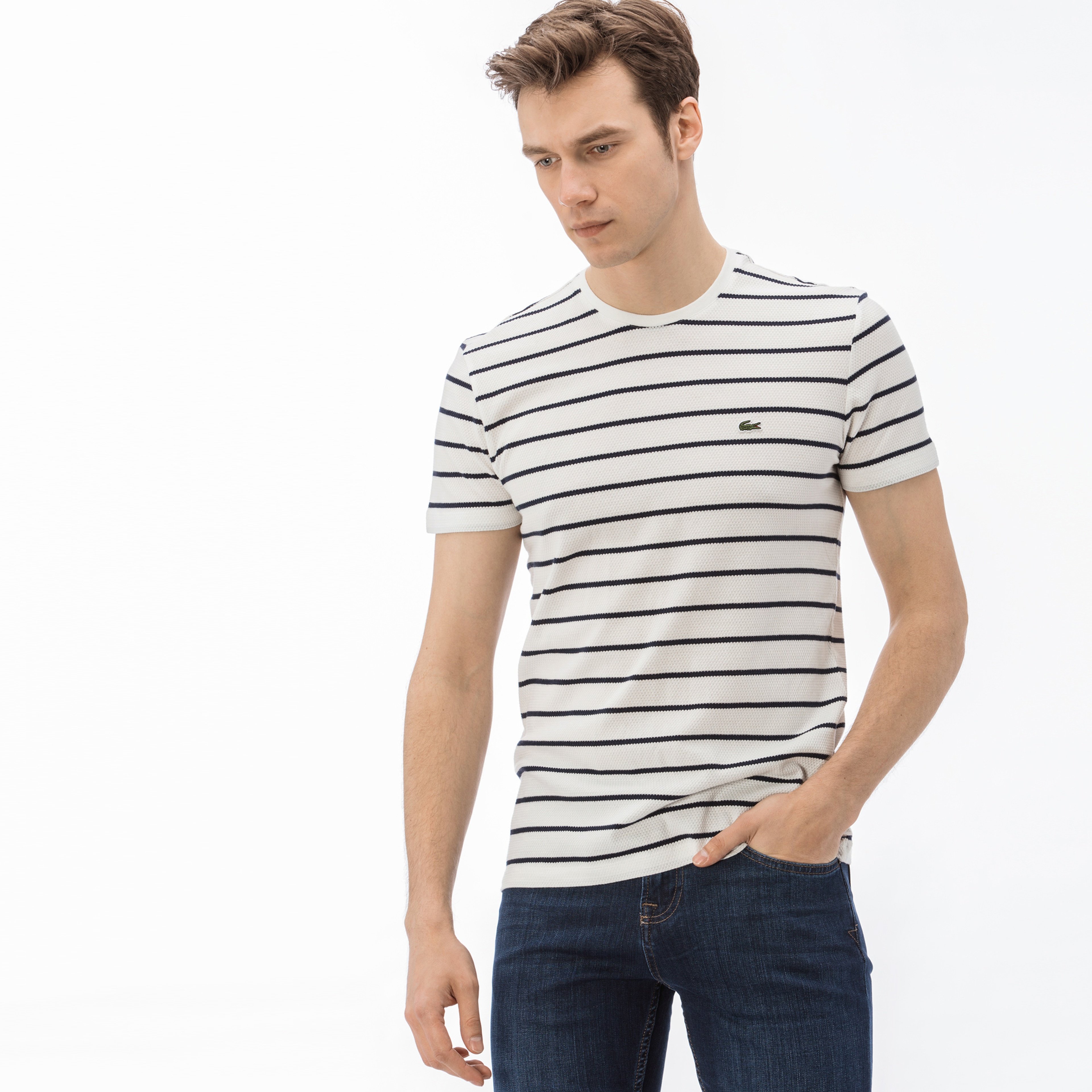 Erkek Slim Fit Bisiklet Yaka Çizgili Beyaz T-Shirt