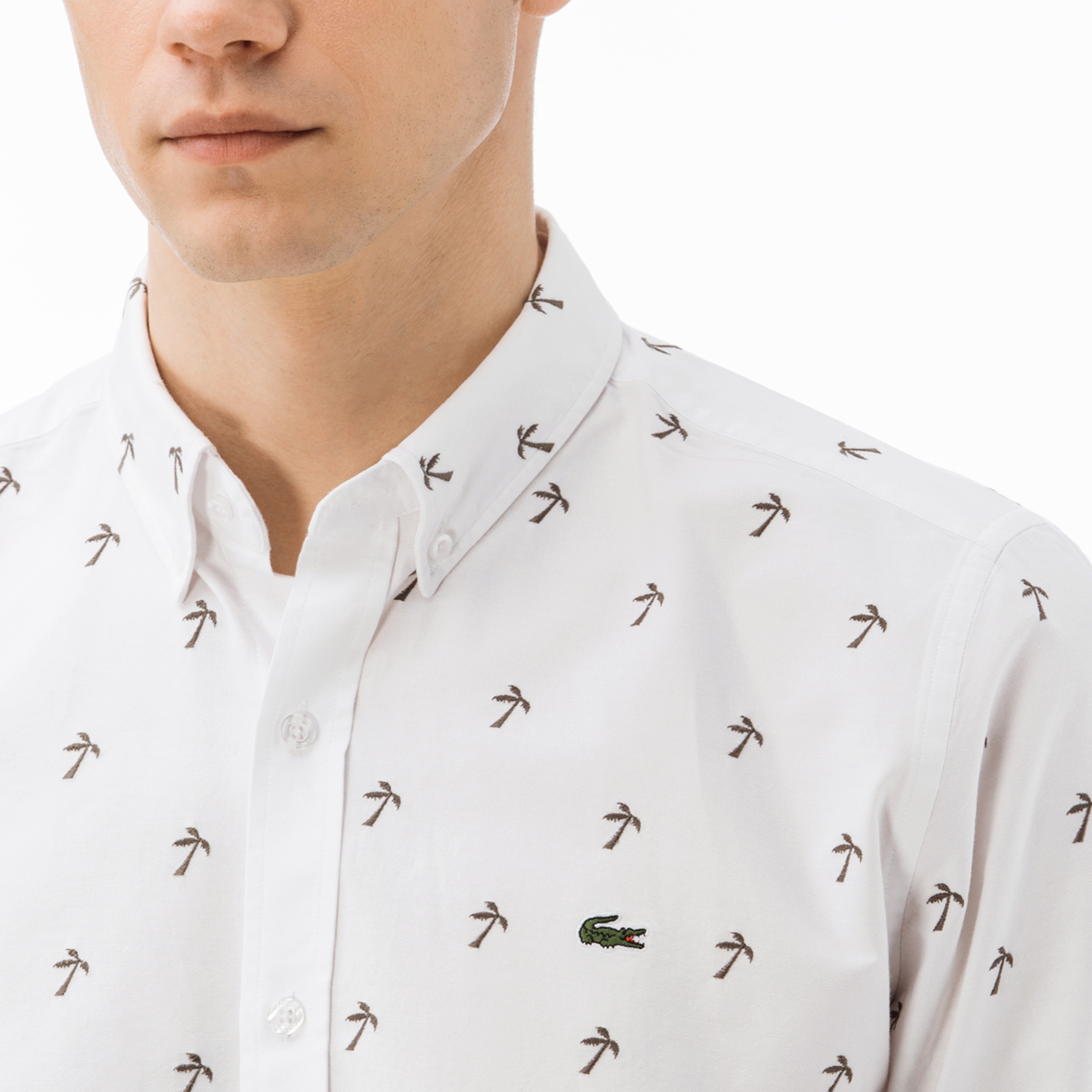 Lacoste Erkek Slim Fit Beyaz-Yeşil Desenli Gömlek