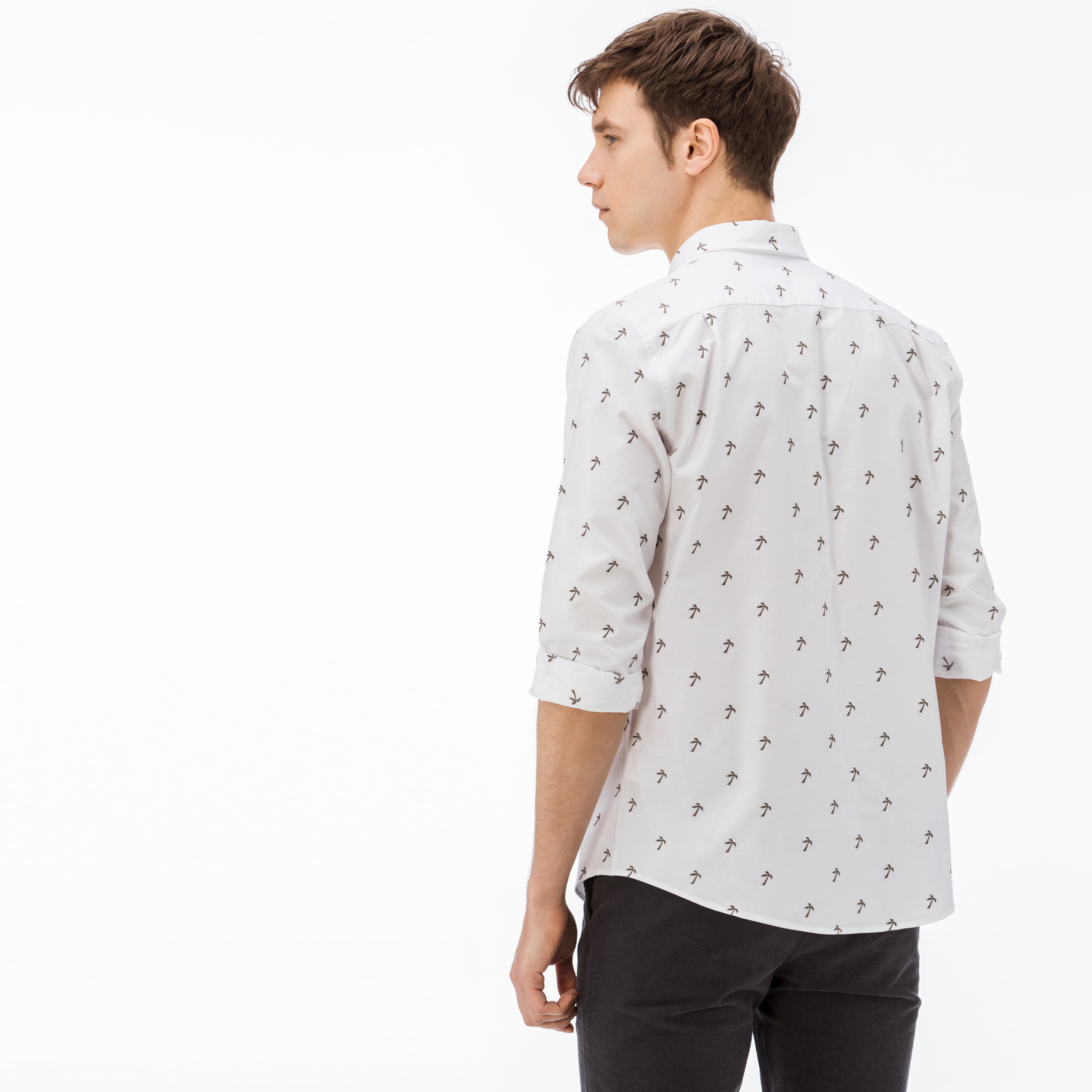 Lacoste Erkek Slim Fit Beyaz-Yeşil Desenli Gömlek