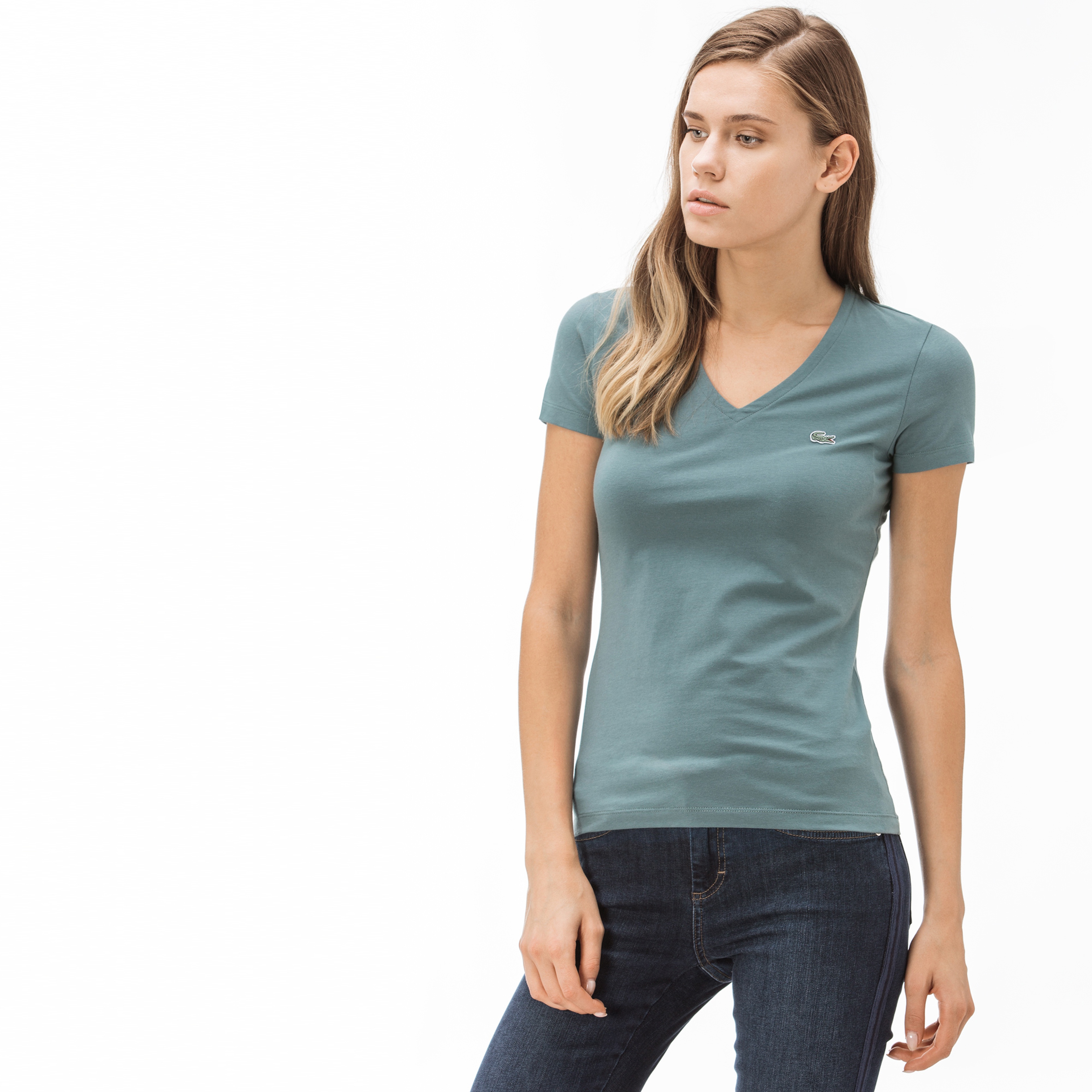 Lacoste Kadın V Yaka Yeşil T-Shirt
