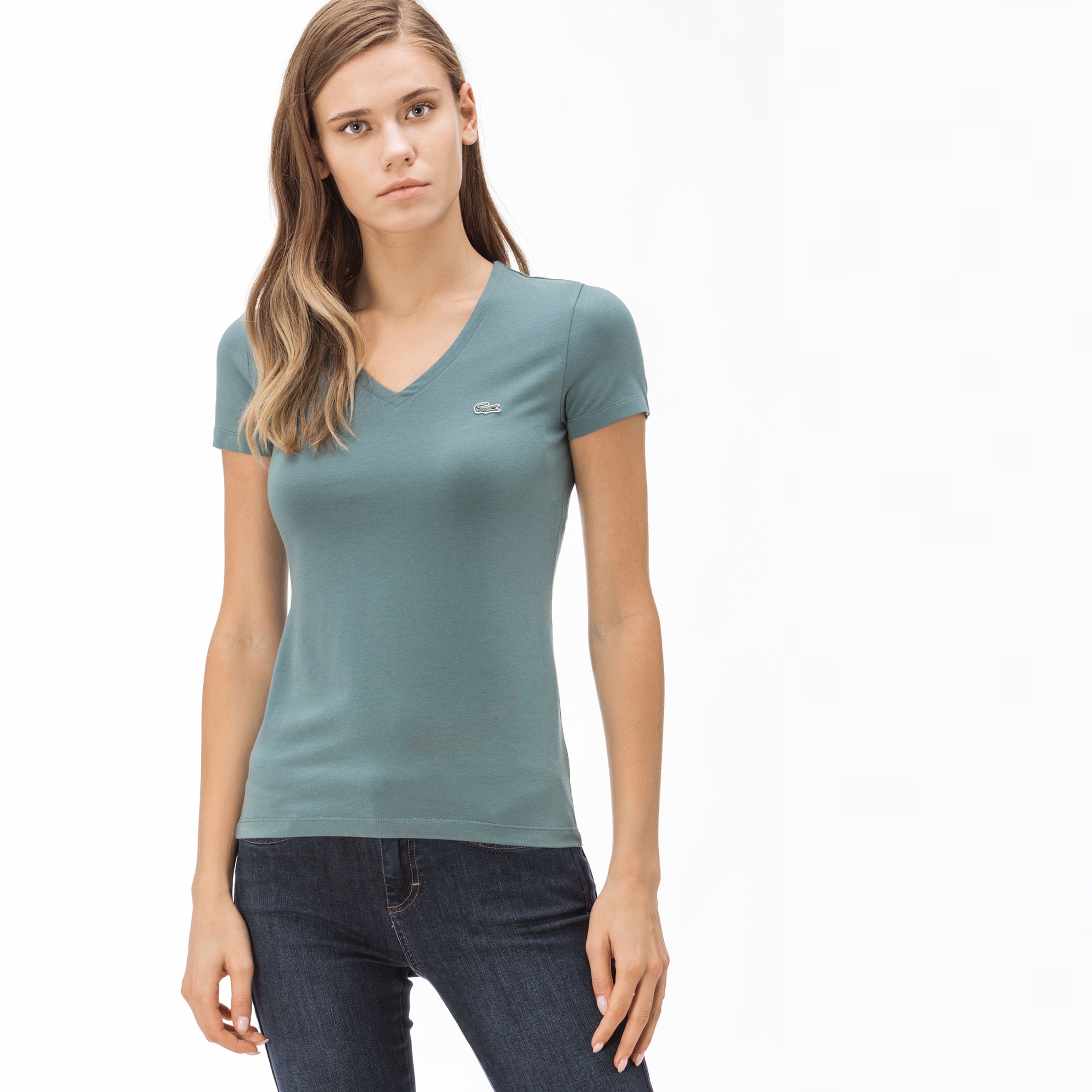 Lacoste Kadın V Yaka Yeşil T-Shirt
