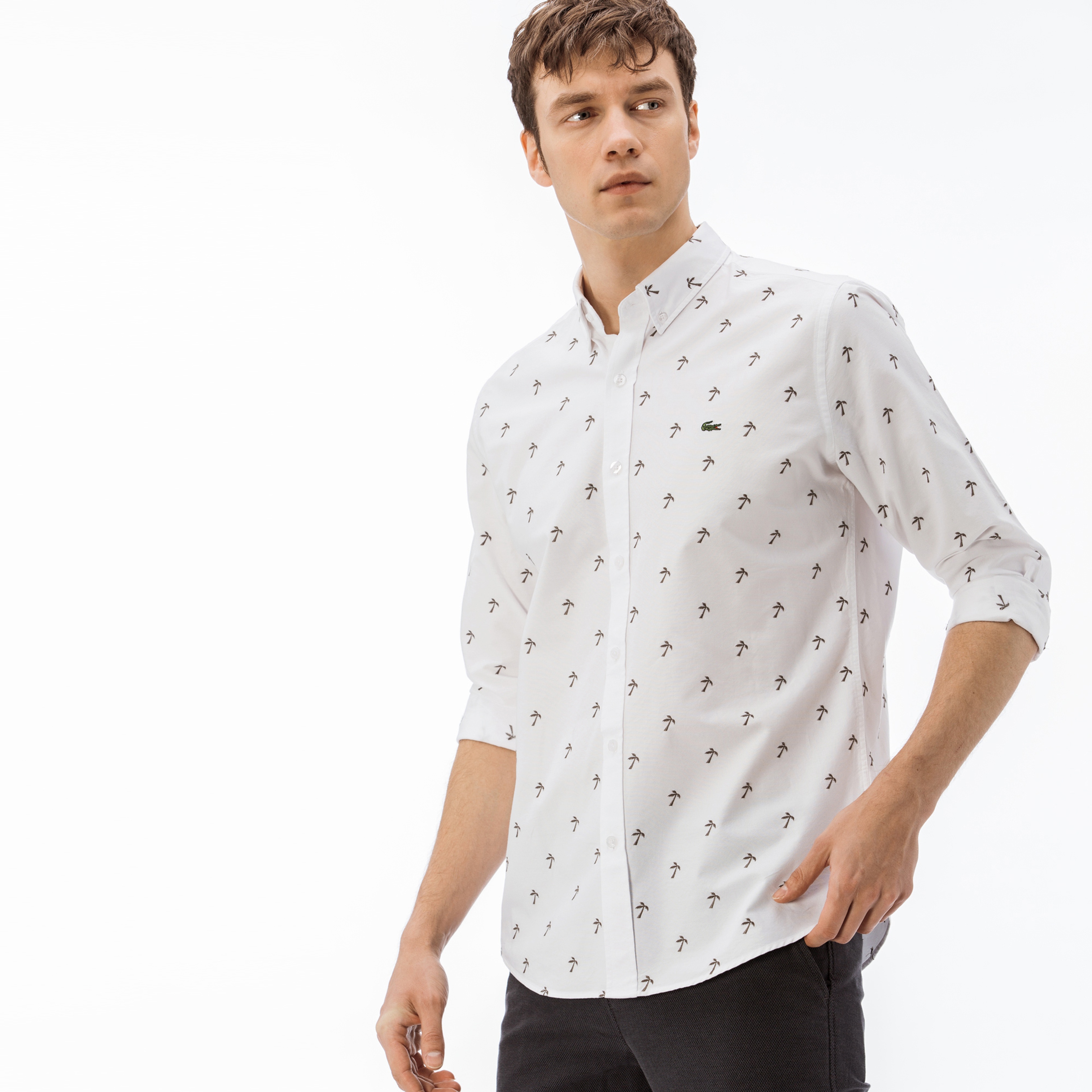 Lacoste Erkek Slim Fit Beyaz-Yeşil Desenli Gömlek