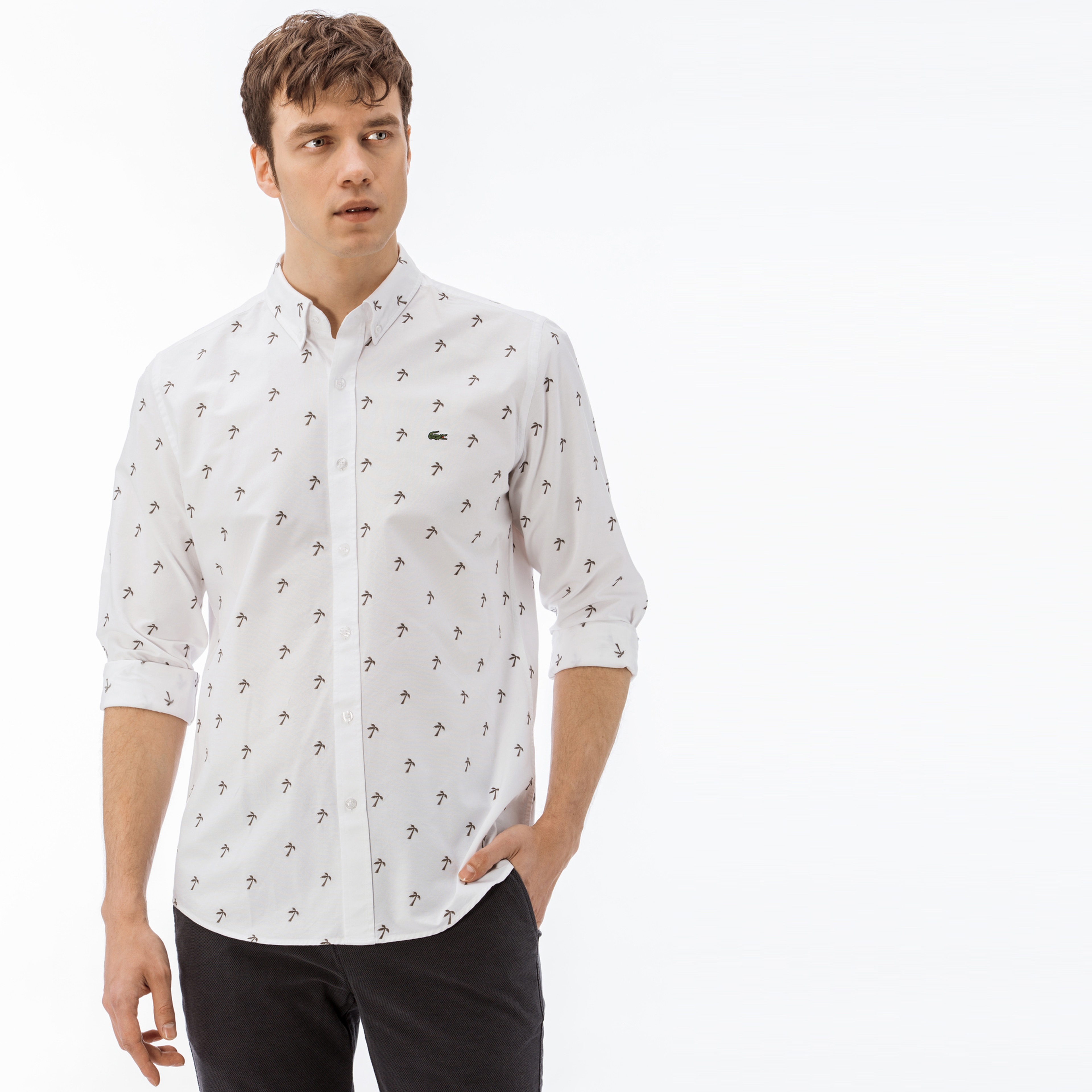 Lacoste Erkek Slim Fit Beyaz-Yeşil Desenli Gömlek