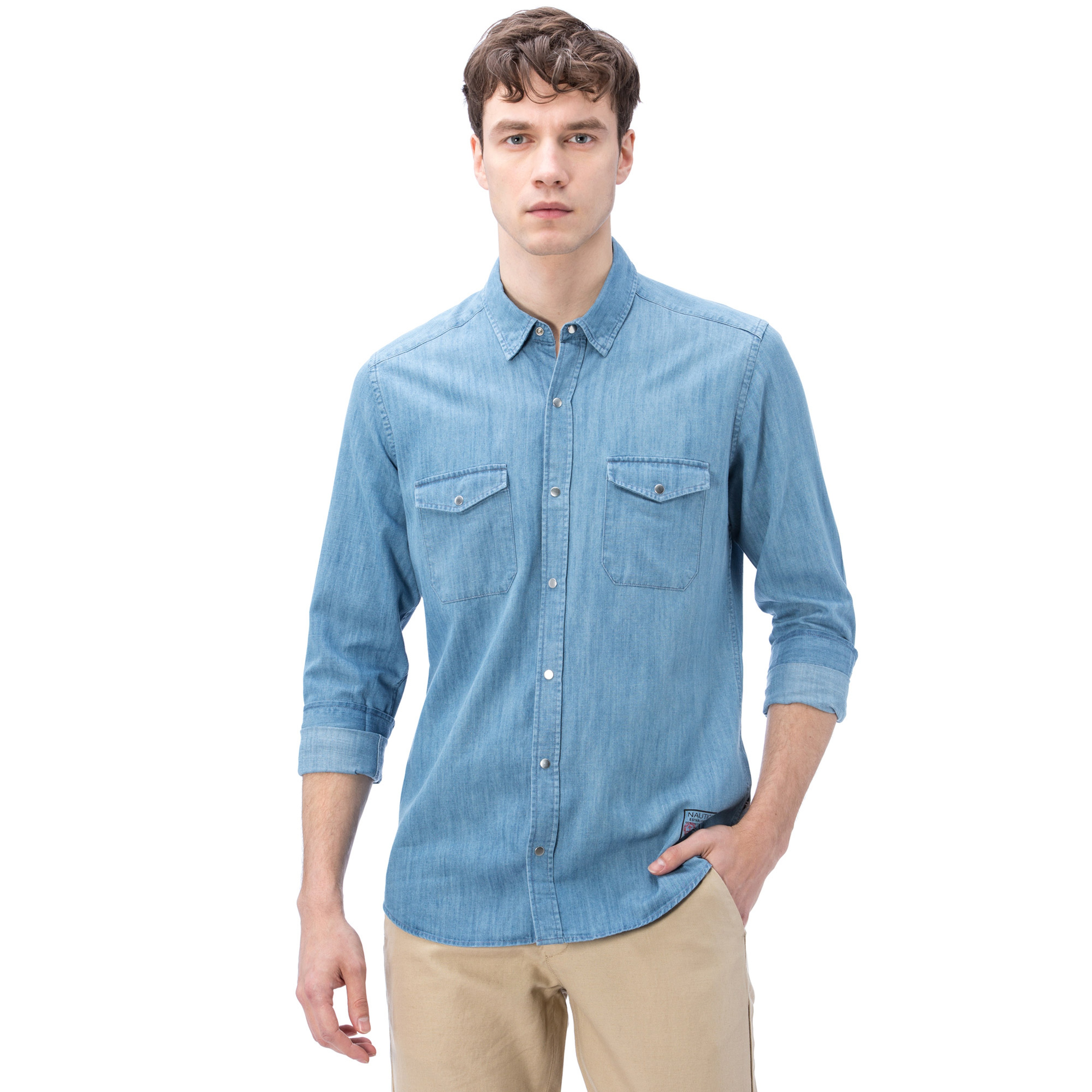Nautica Erkek Mavi Uzun Kollu Denım Slim Fit Gömlek