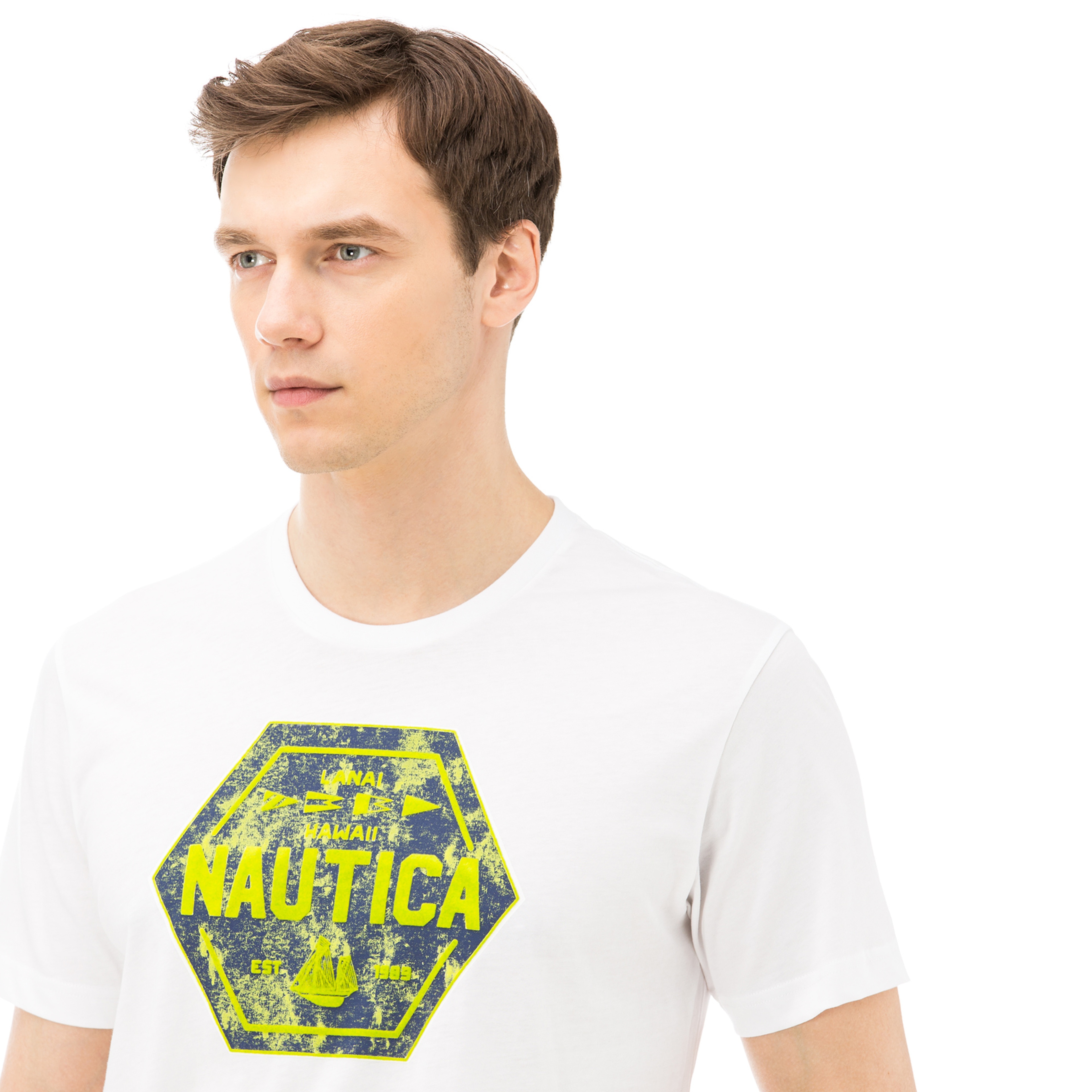 Nautica Erkek Beyaz Bisiklet Yaka Kısa Kollu Slim Fit T-Shirt