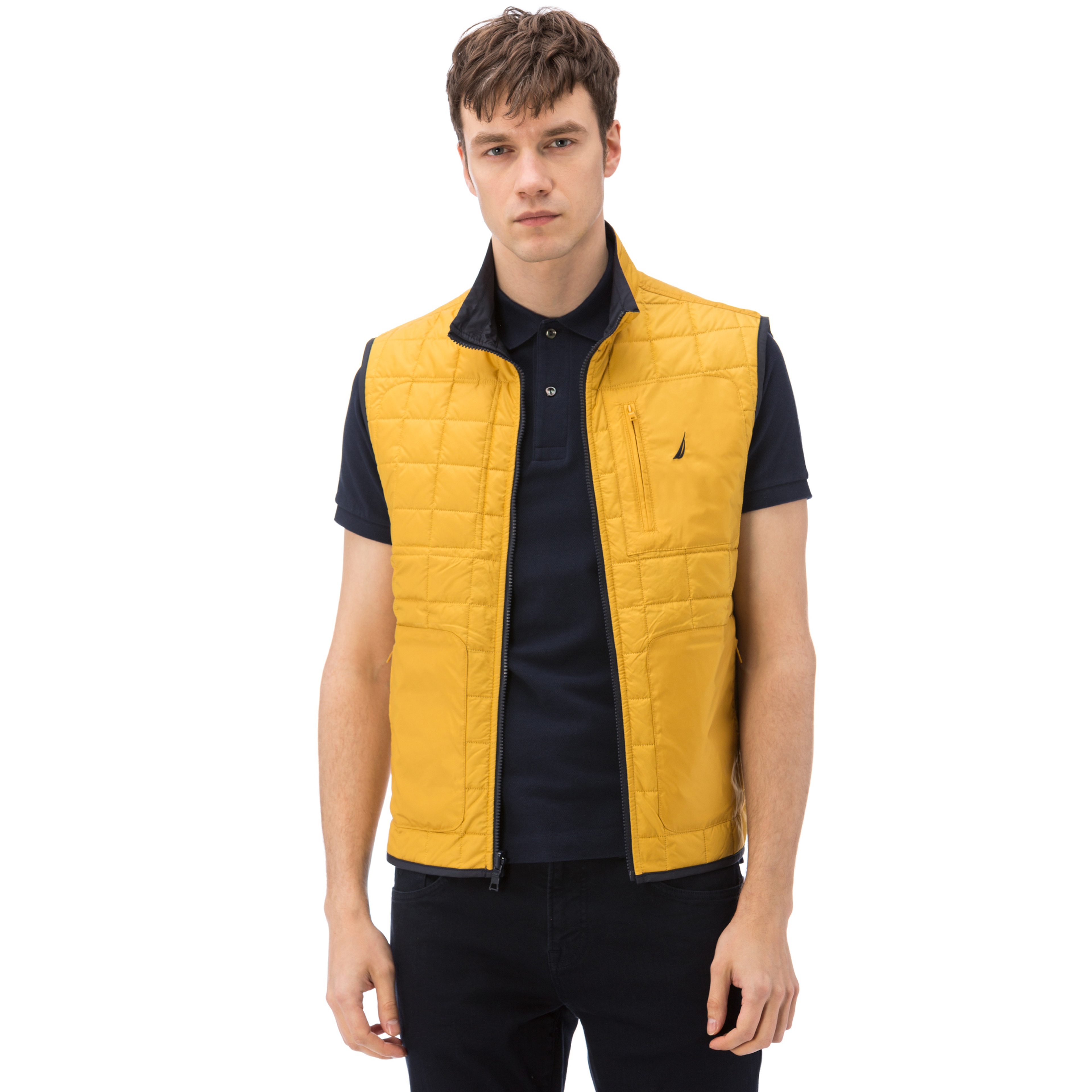 Nautica Erkek Sarı Lacivert Dik Yaka Çift Taraflı Kapitone Yelek