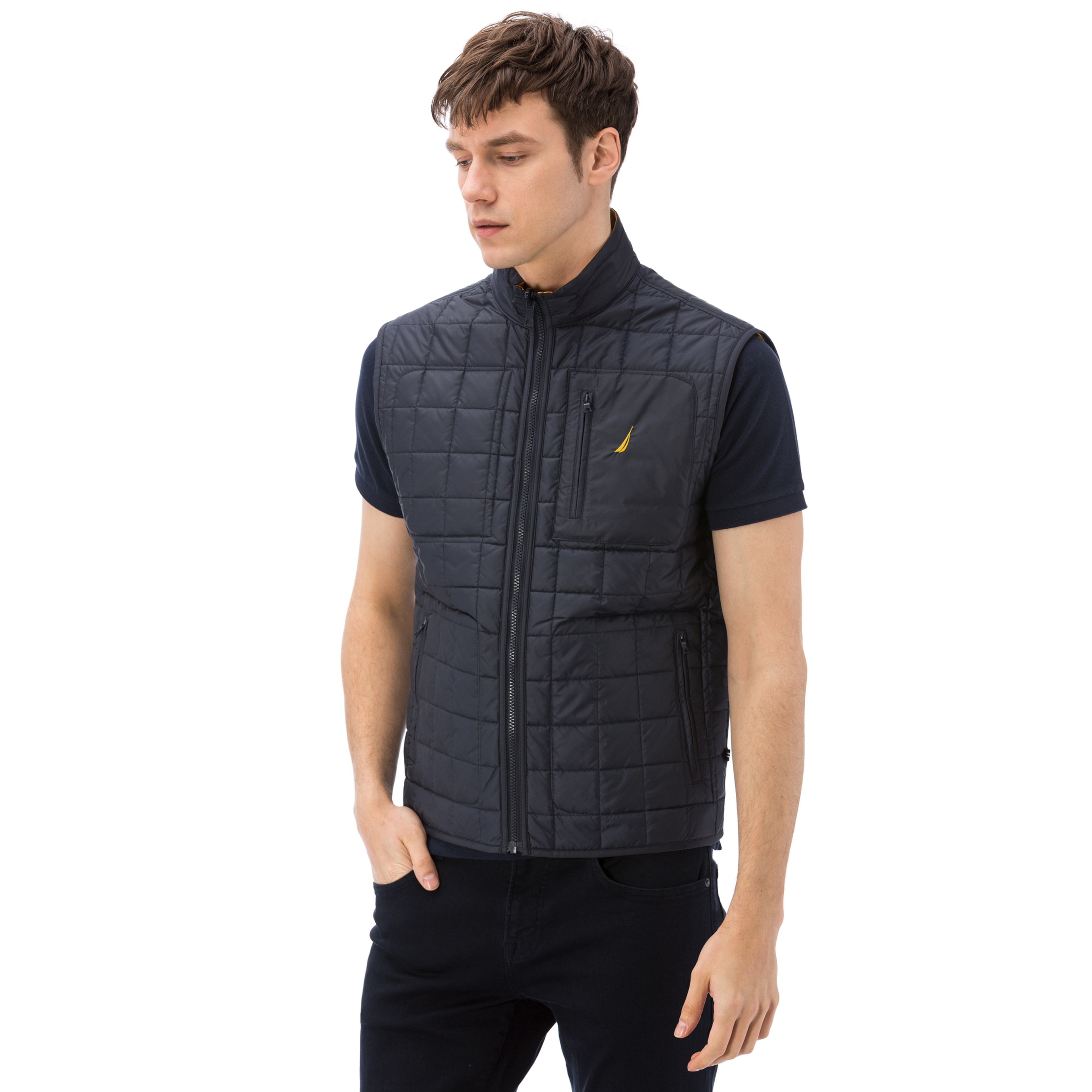 Nautica Erkek Sarı Lacivert Dik Yaka Çift Taraflı Kapitone Yelek