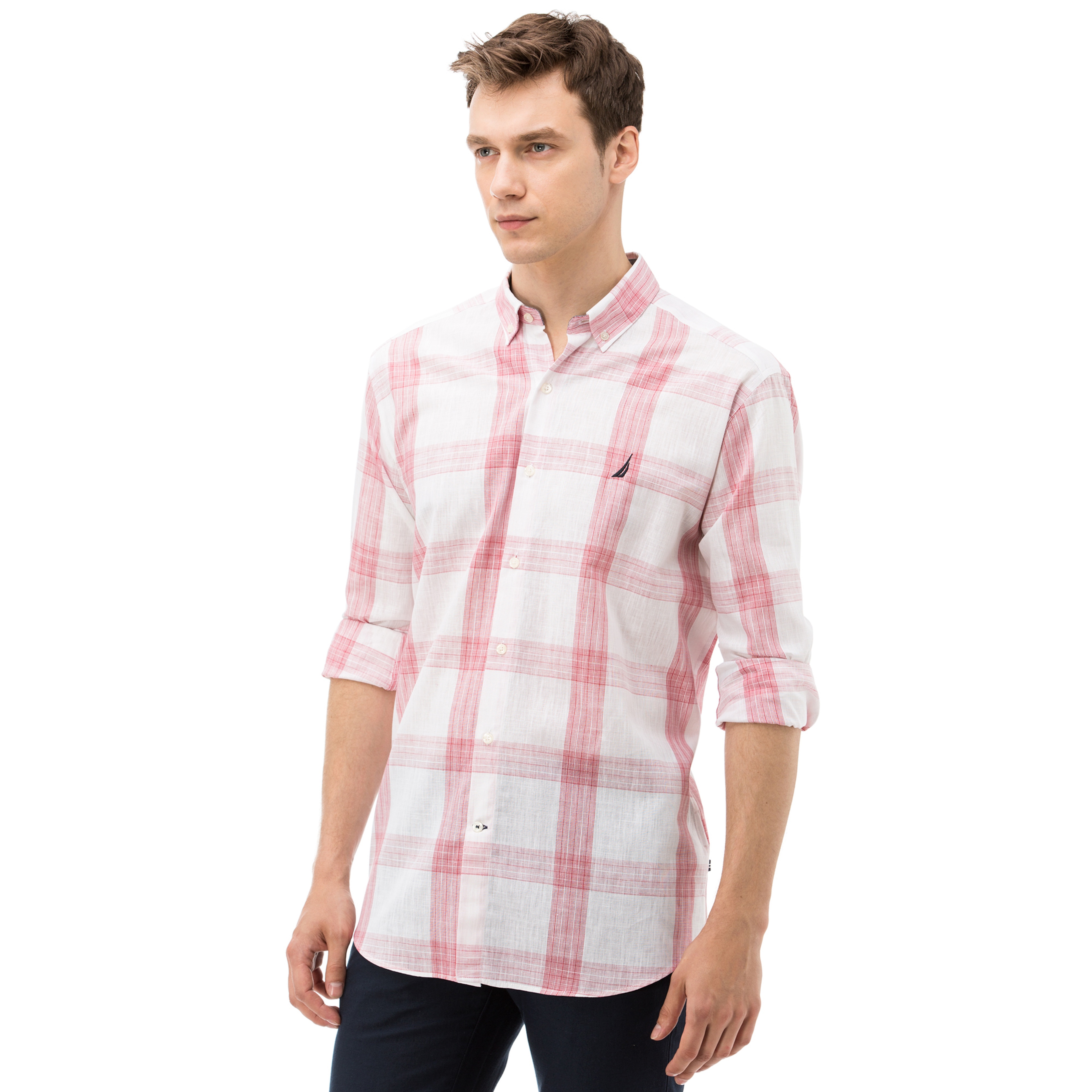 Nautica Erkek Kırmızı Ekoseli Uzun Kollu Keten Gömlek