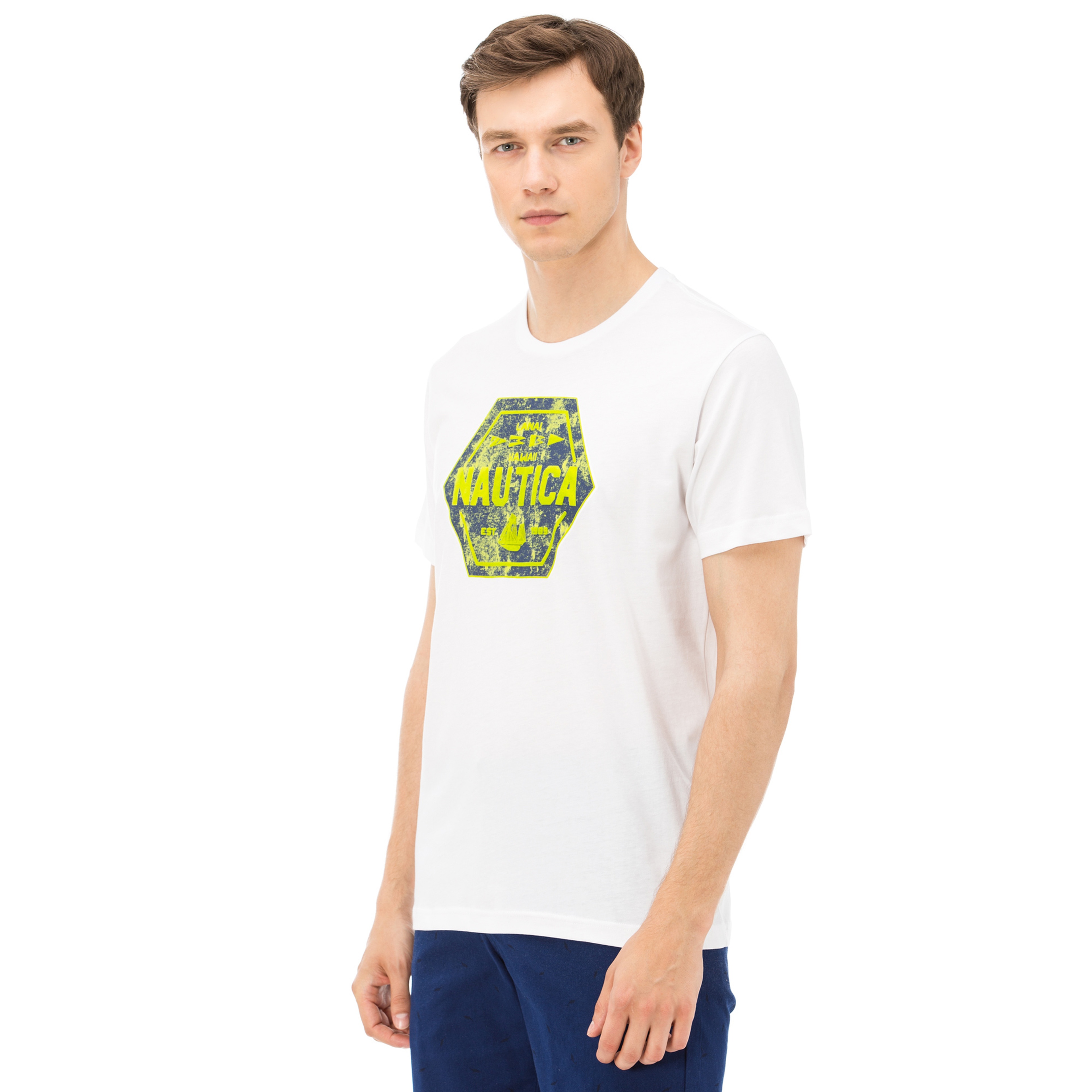 Nautica Erkek Beyaz Bisiklet Yaka Kısa Kollu Slim Fit T-Shirt