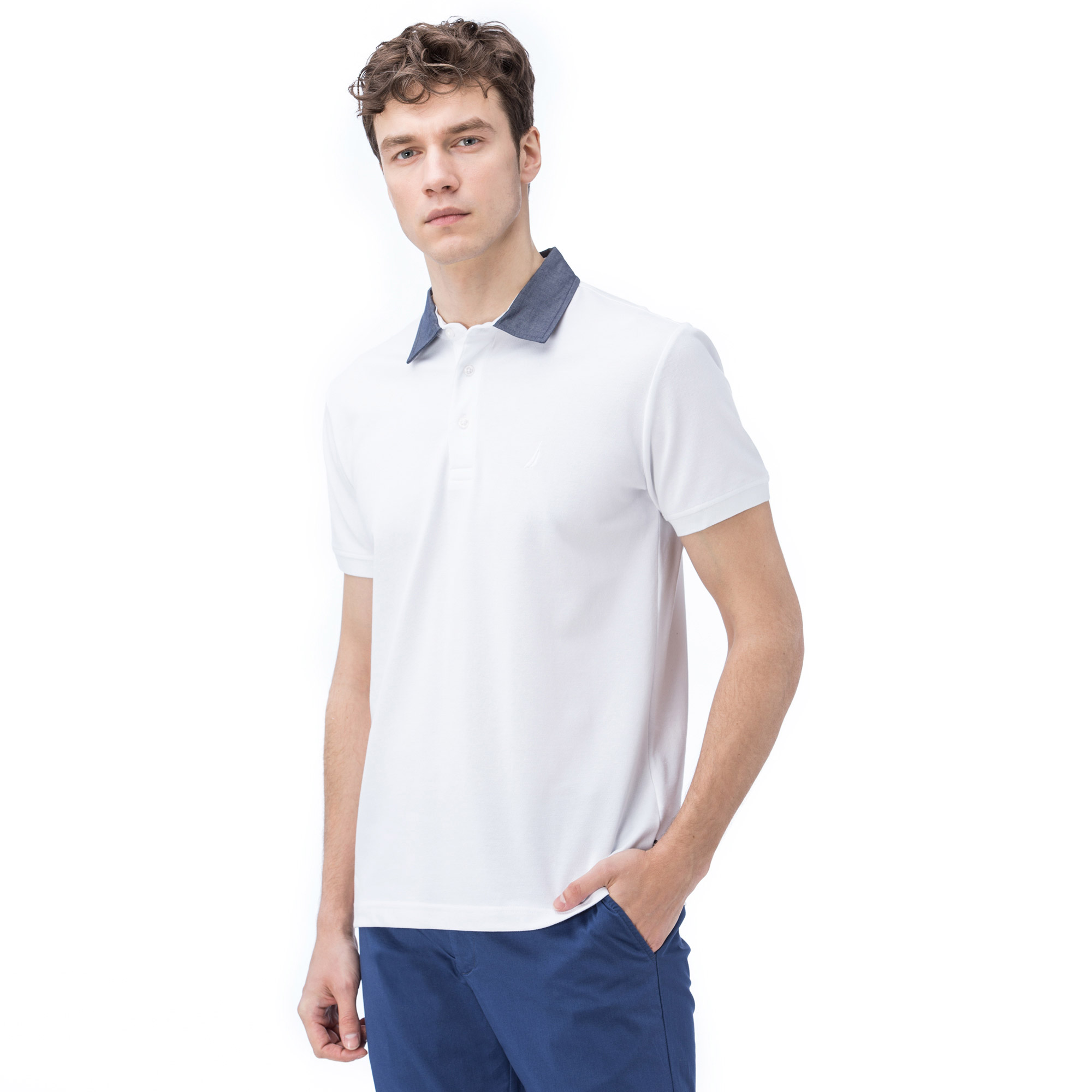 Nautica Erkek Beyaz Kısa Kollu Chambrey Yaka Slim Fit Polo