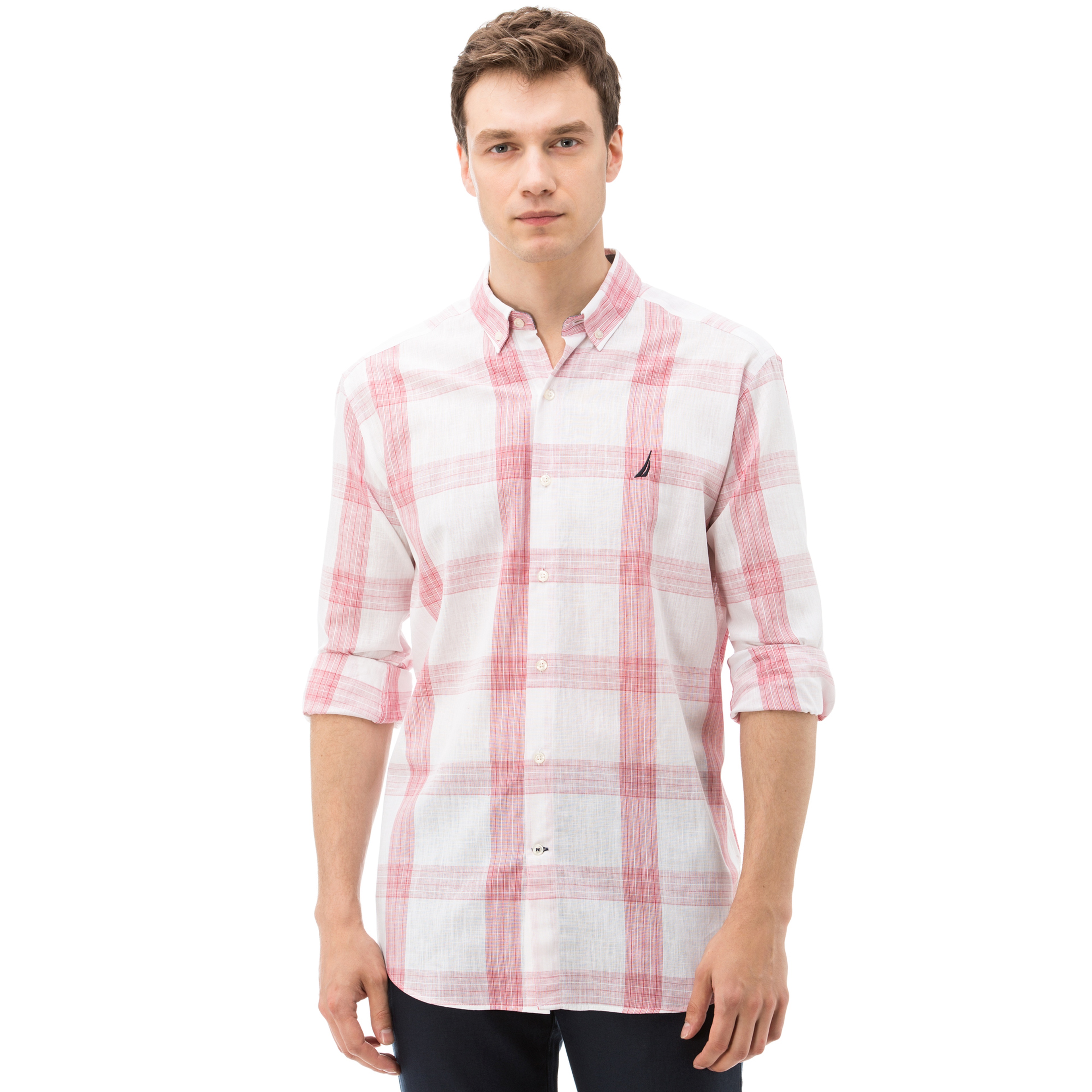 Nautica Erkek Kırmızı Ekoseli Uzun Kollu Keten Gömlek