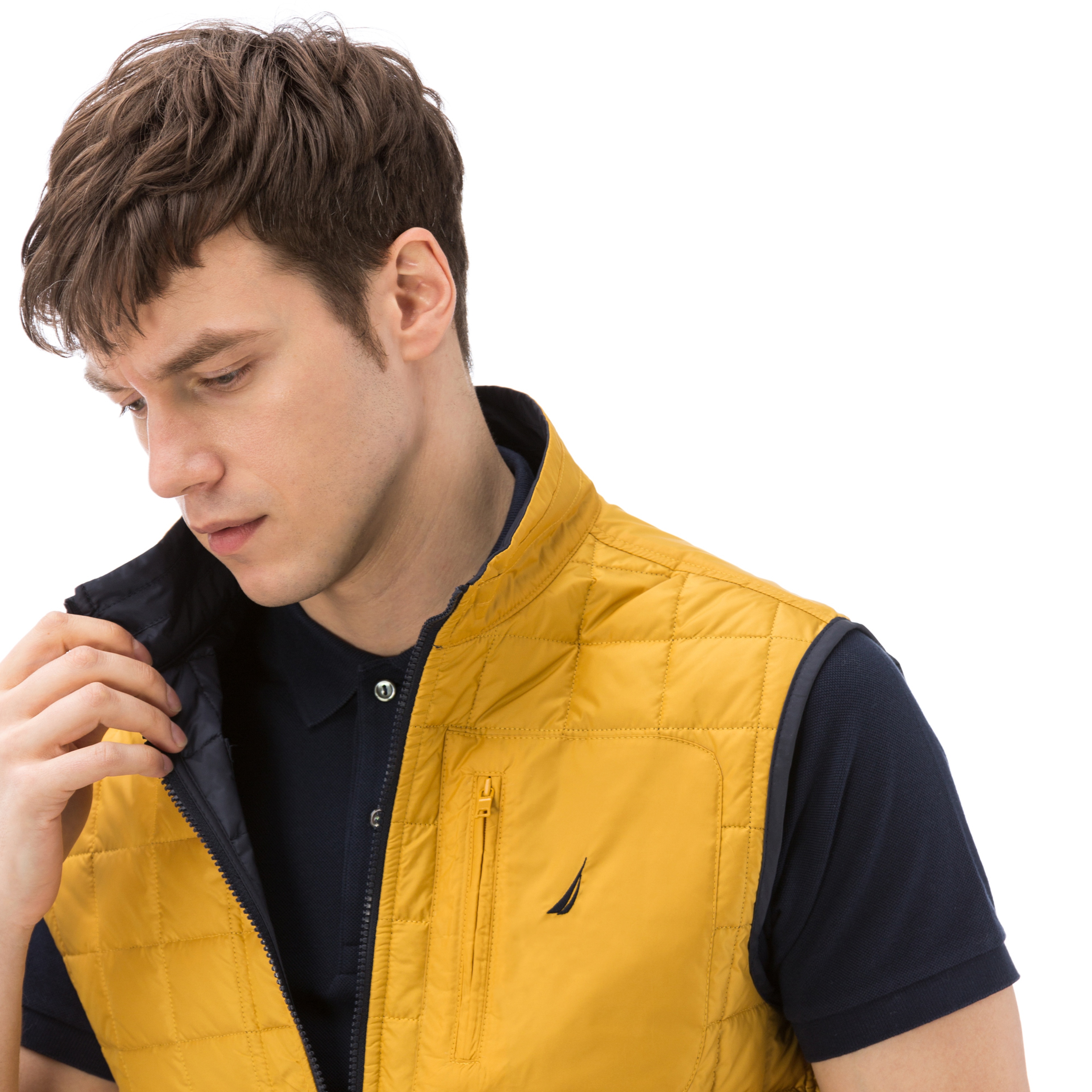 Nautica Erkek Sarı Lacivert Dik Yaka Çift Taraflı Kapitone Yelek
