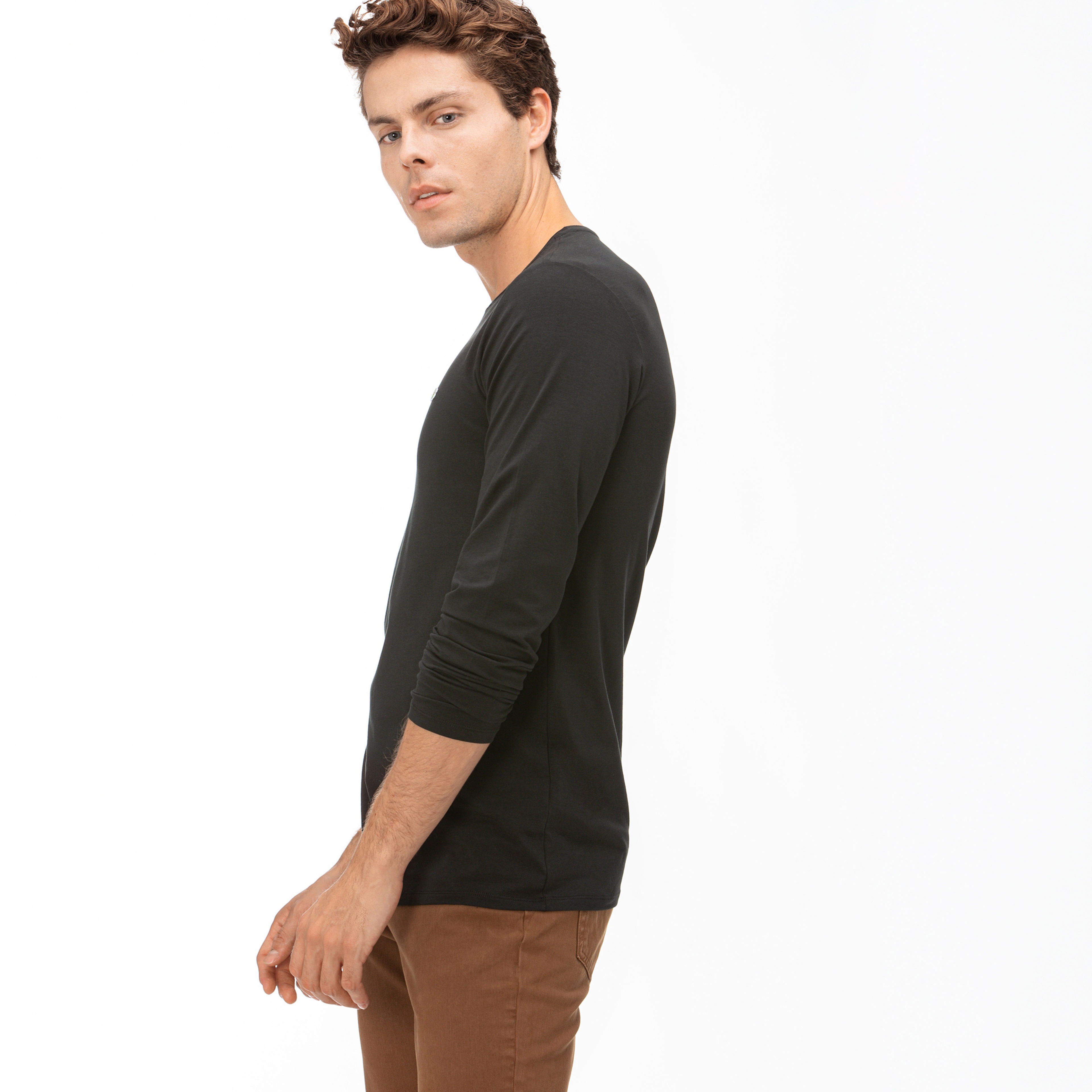 Erkek Regular Fit Uzun Kollu Bisiklet Yaka Siyah T-Shirt