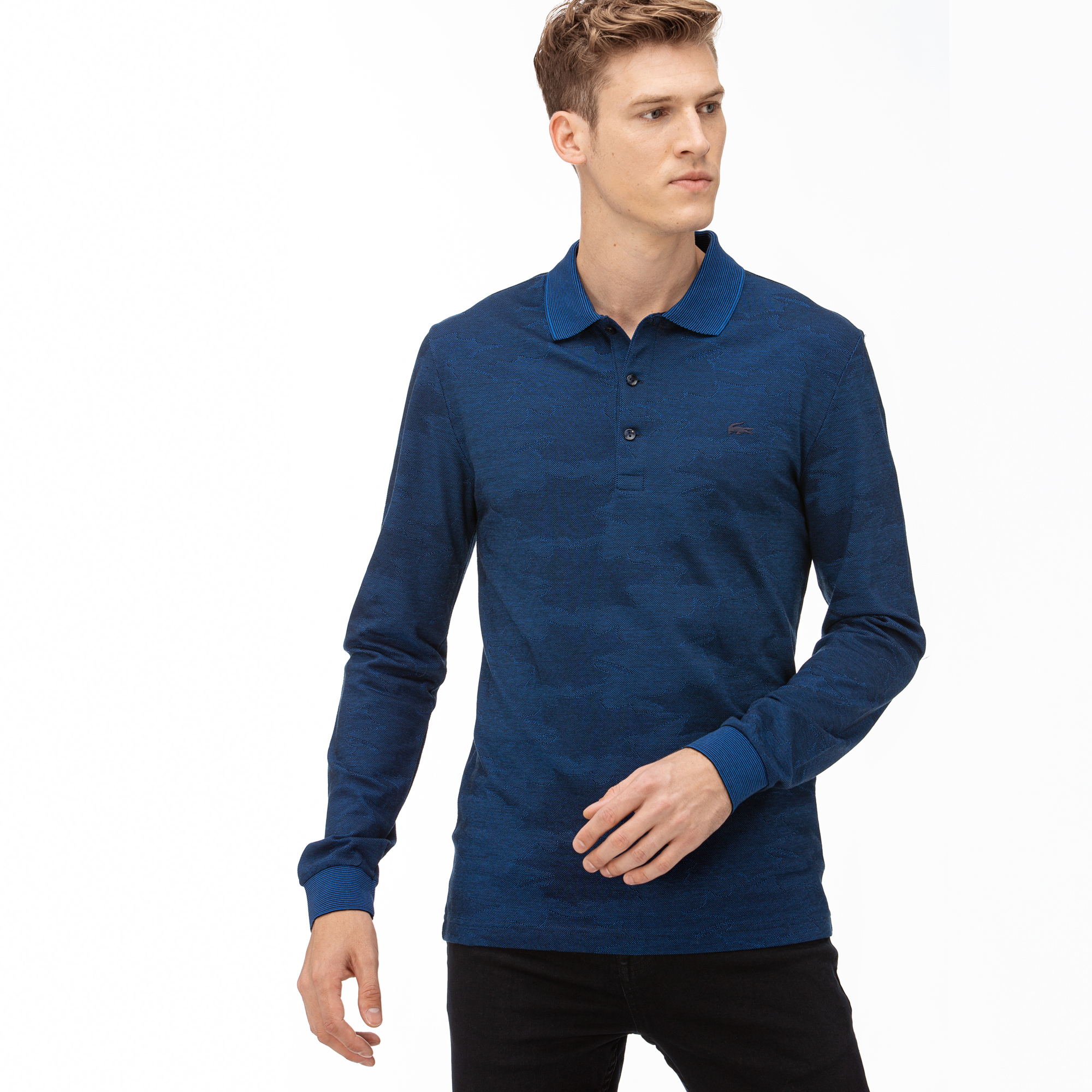Lacoste Erkek Desenli Uzun Kollu Lacivert Polo