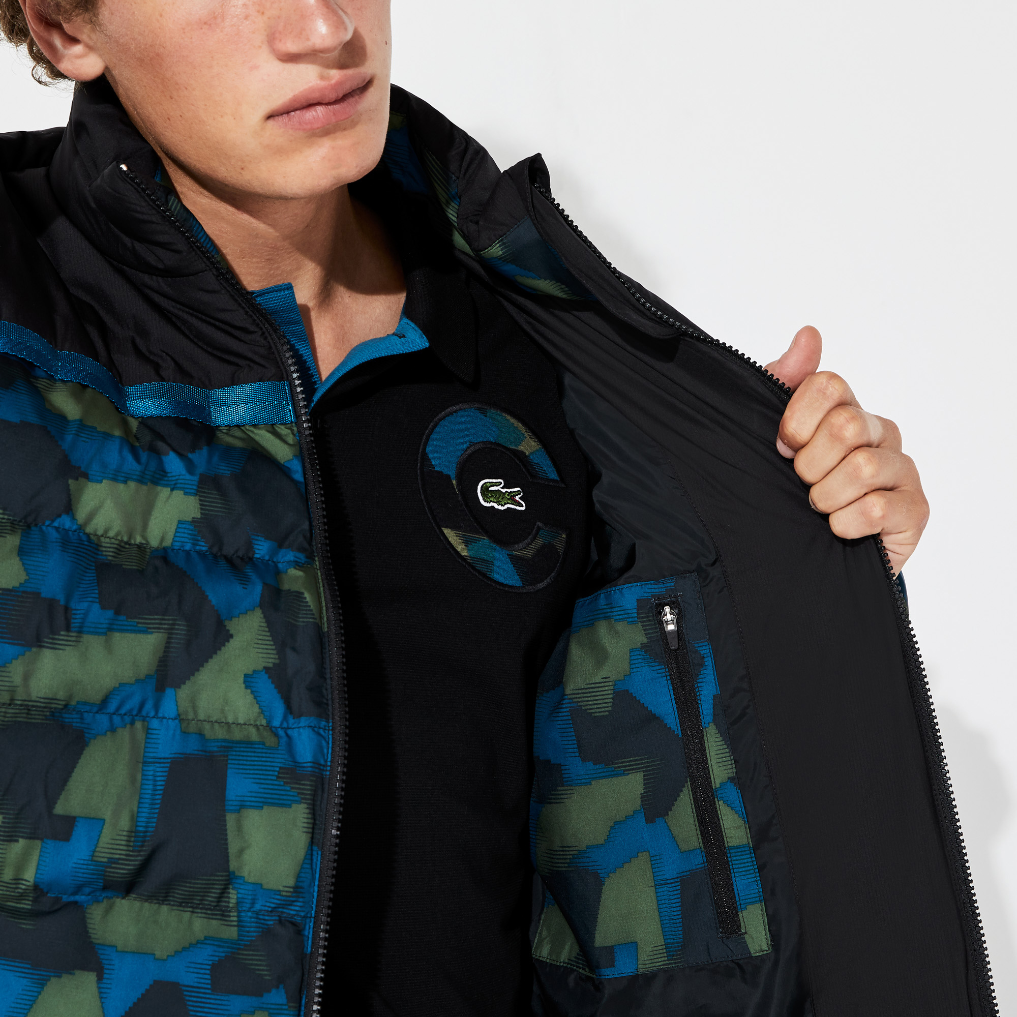 Lacoste Sport Blok Desenli Renkli Erkek Kapitone Suya Dayanıklı Mont