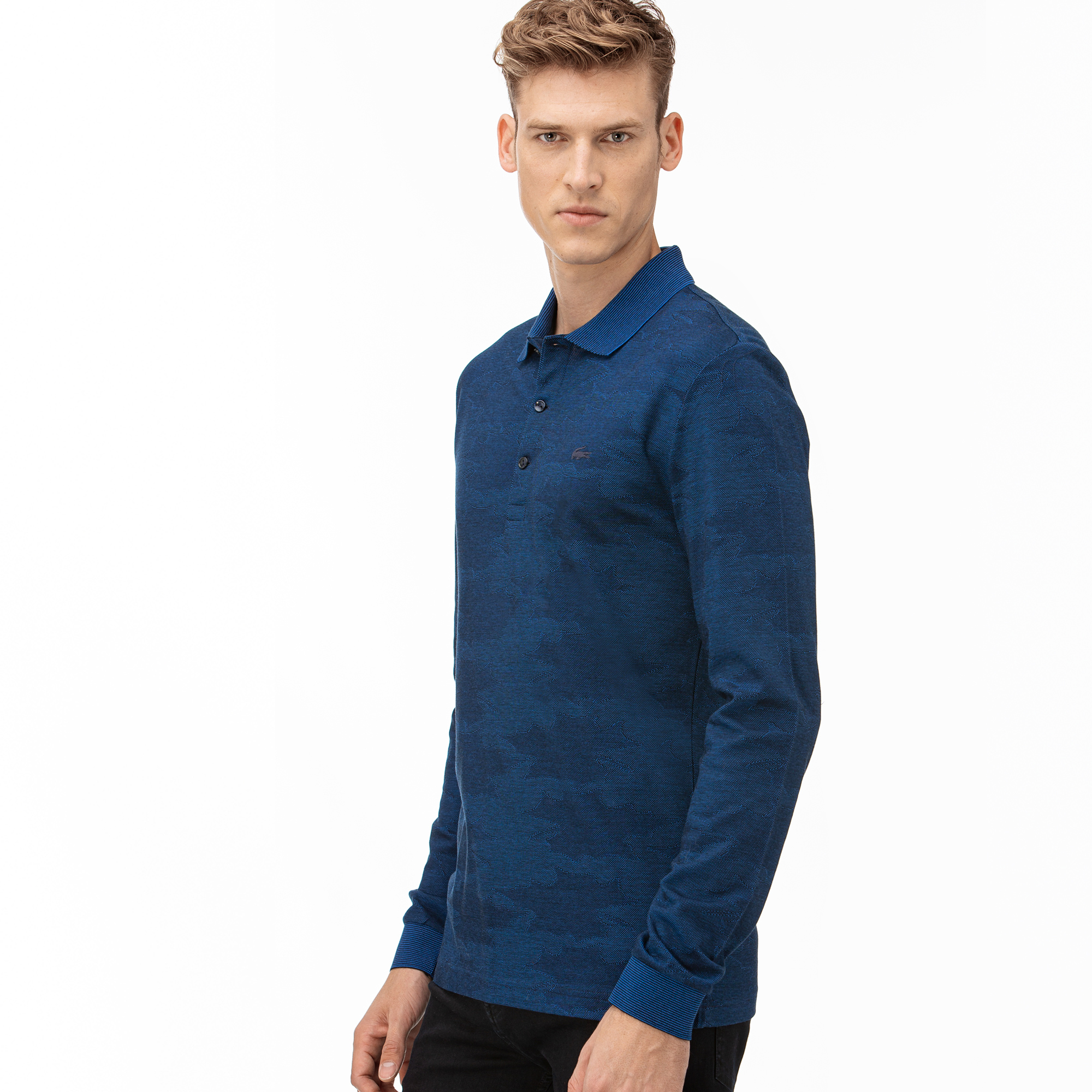 Lacoste Erkek Desenli Uzun Kollu Lacivert Polo