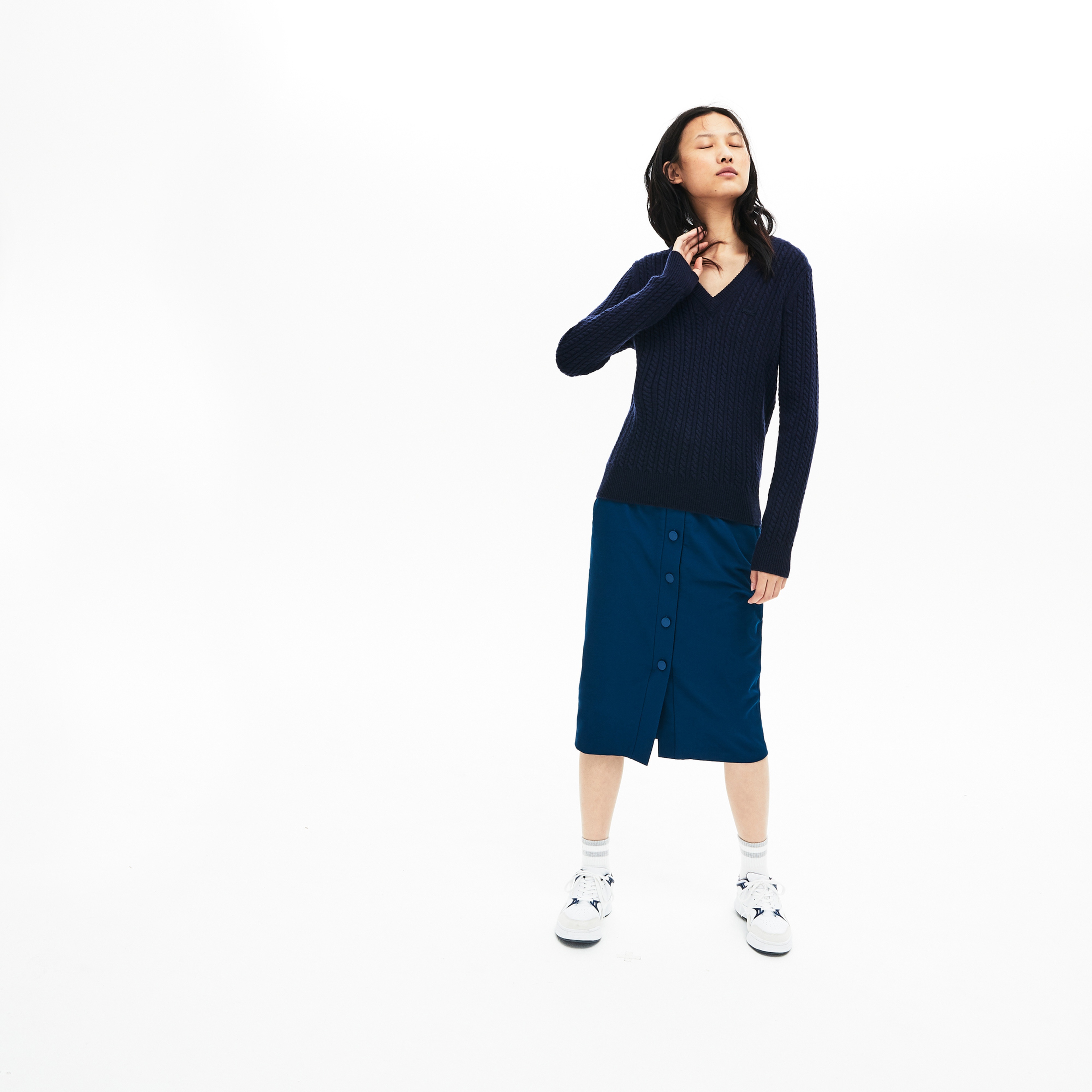 Lacoste Kadın Lacivert V Yaka Kaşmir Karışımlı Triko Kazak