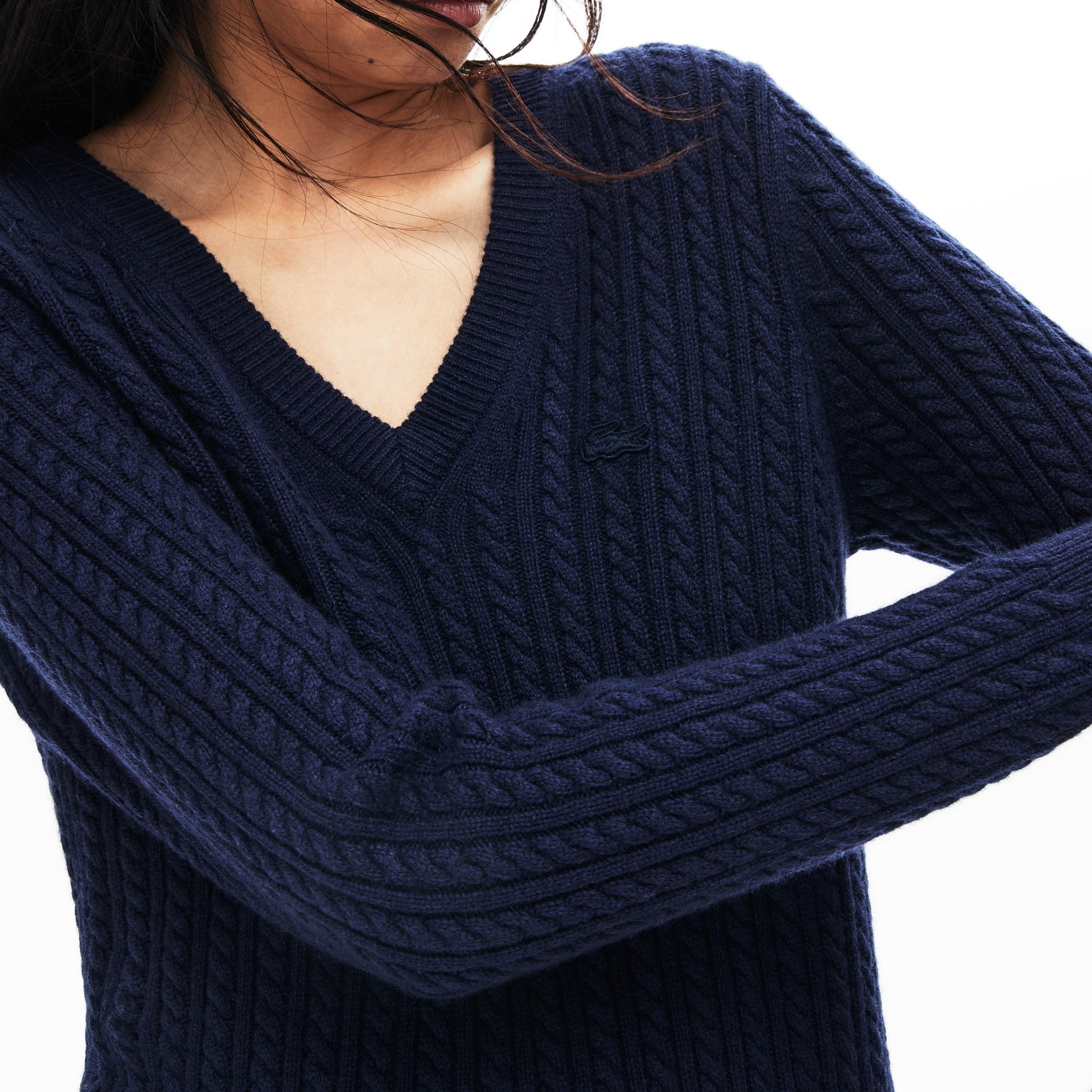 Lacoste Kadın Lacivert V Yaka Kaşmir Karışımlı Triko Kazak