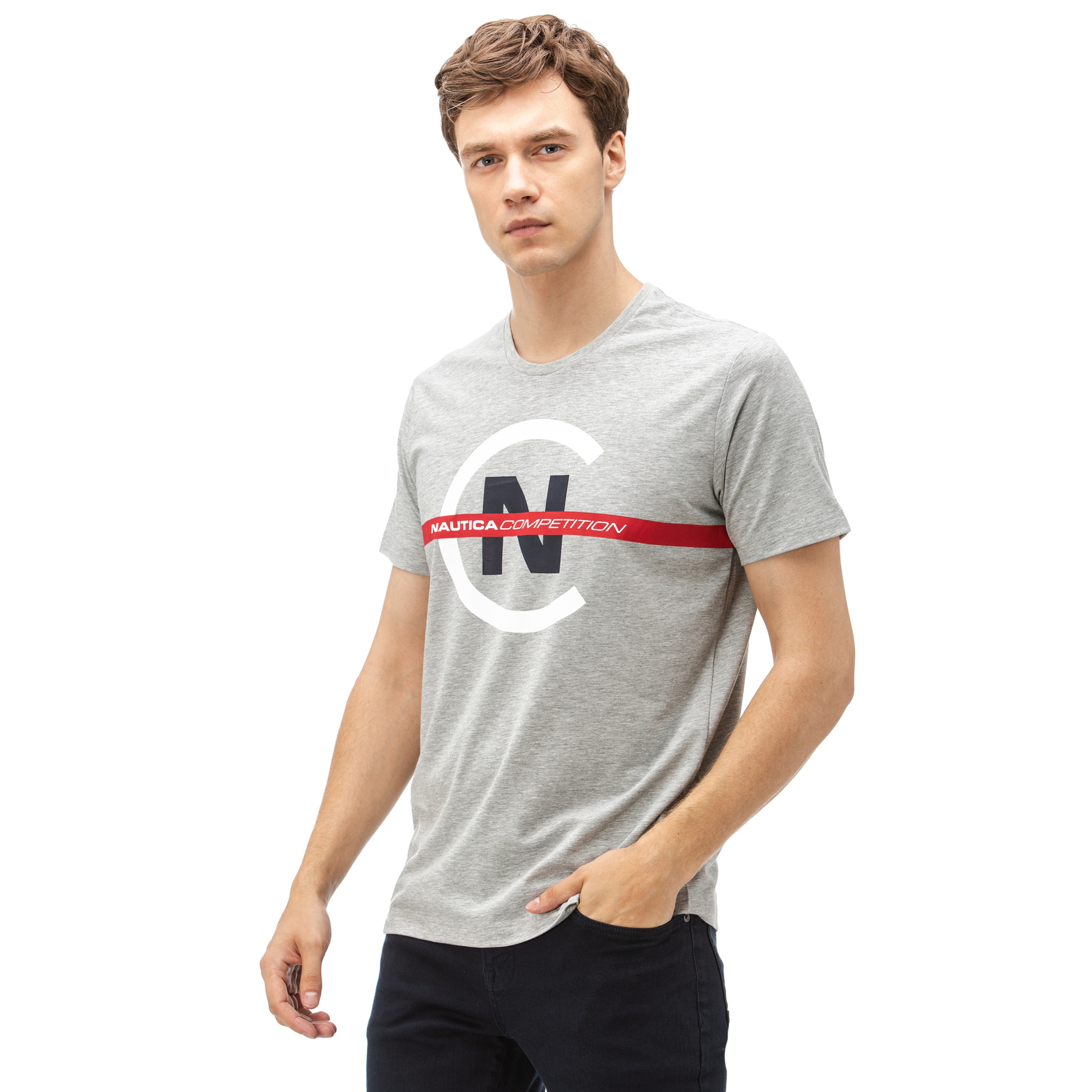 Nautica Erkek Gri Bisiklet Yaka Kısa Kollu Slim Fit T-Shirt