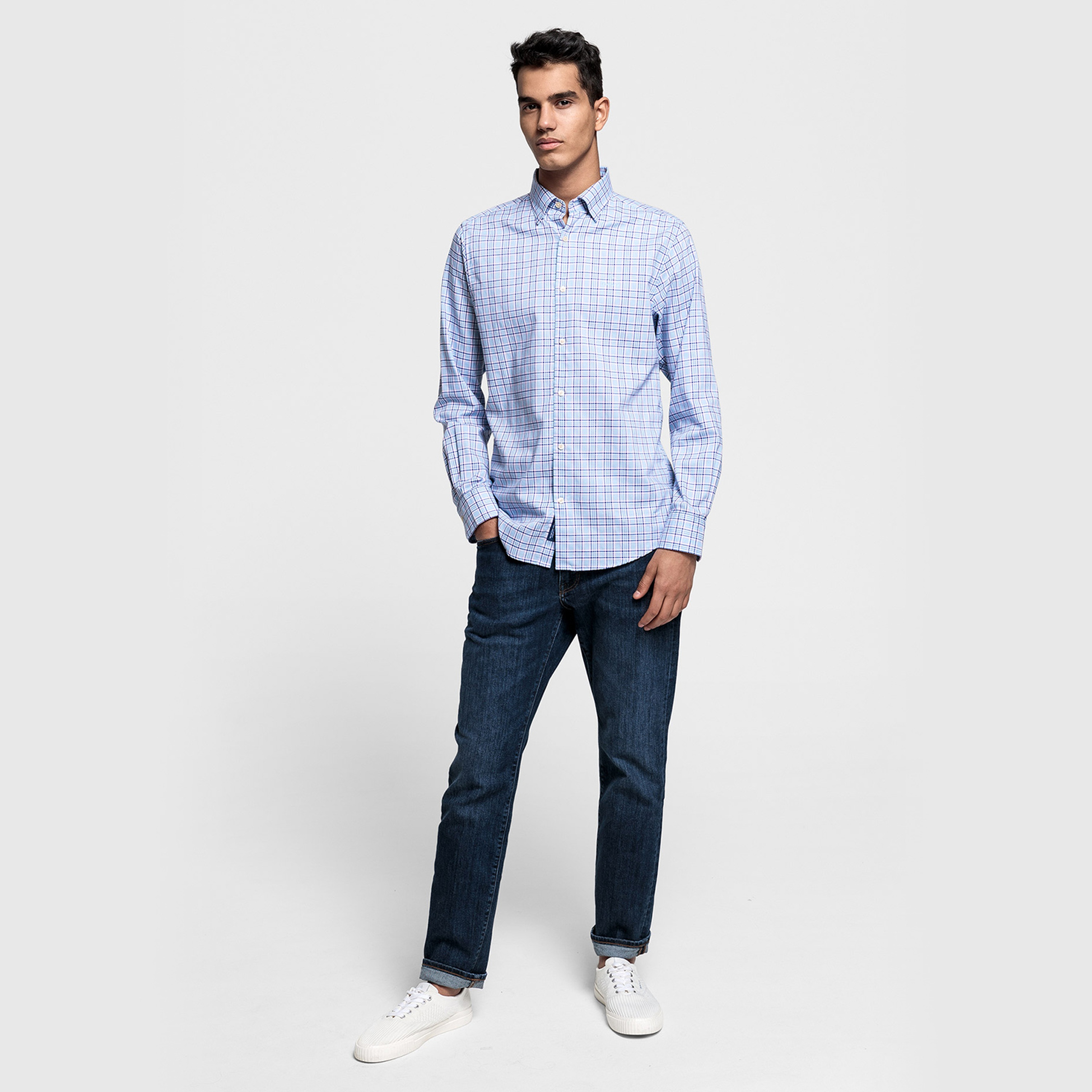 Gant Erkek Mavi Regular Fit Tech Prep Oxford Plaid Gömlek