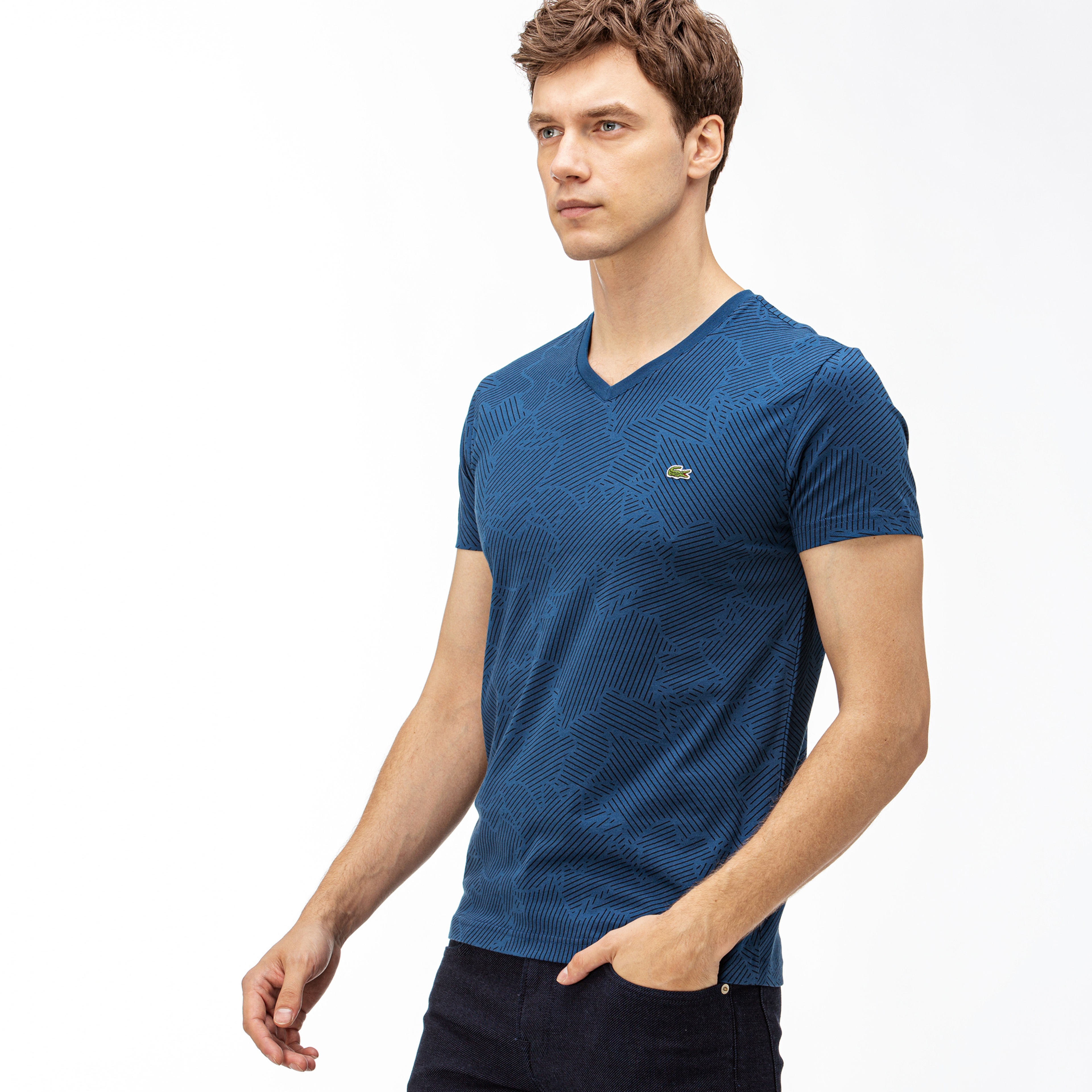 Lacoste Erkek Desenli V Yaka Lacivert T-Shirt