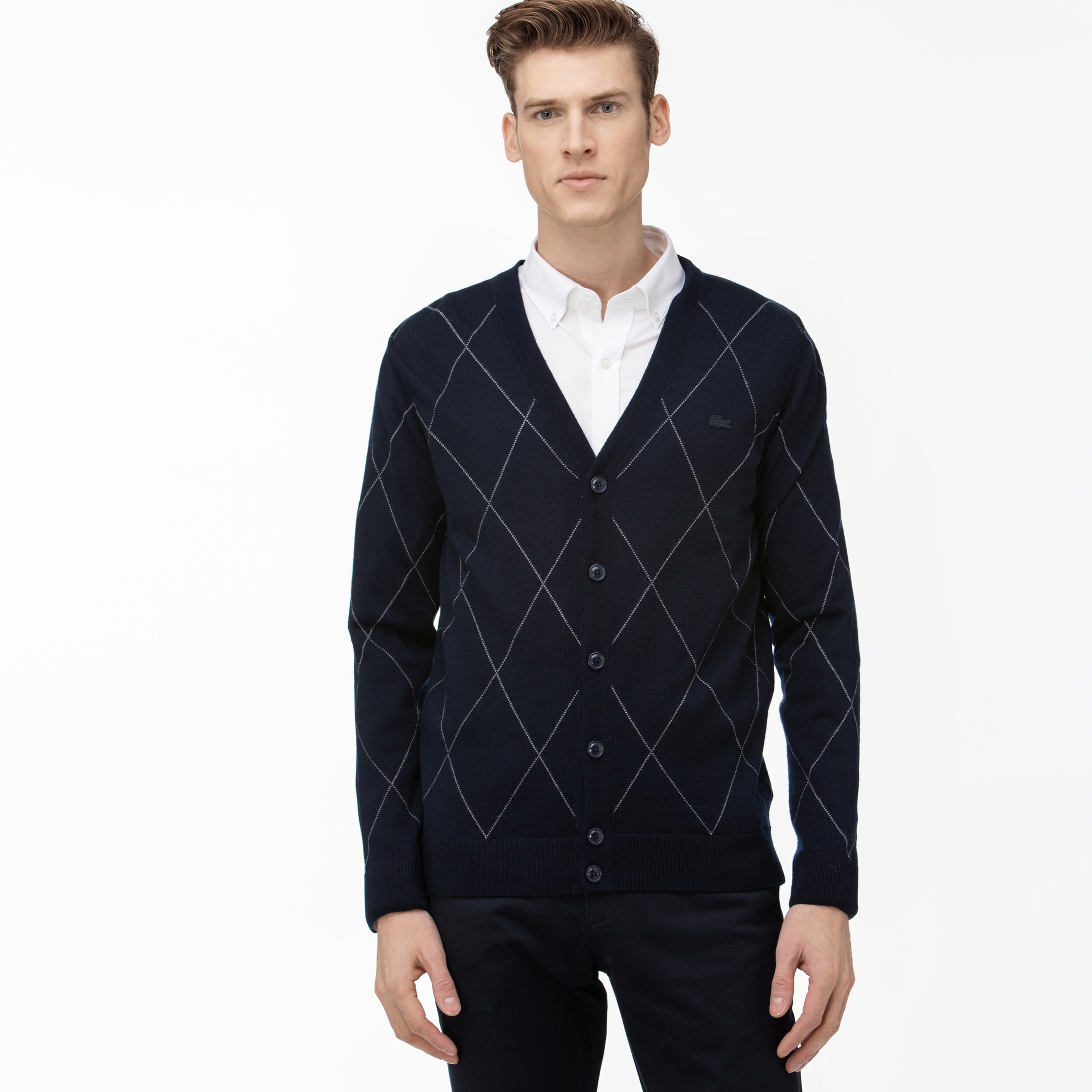 Lacoste Erkek Baklava Desenli Lacivert Triko Hırka