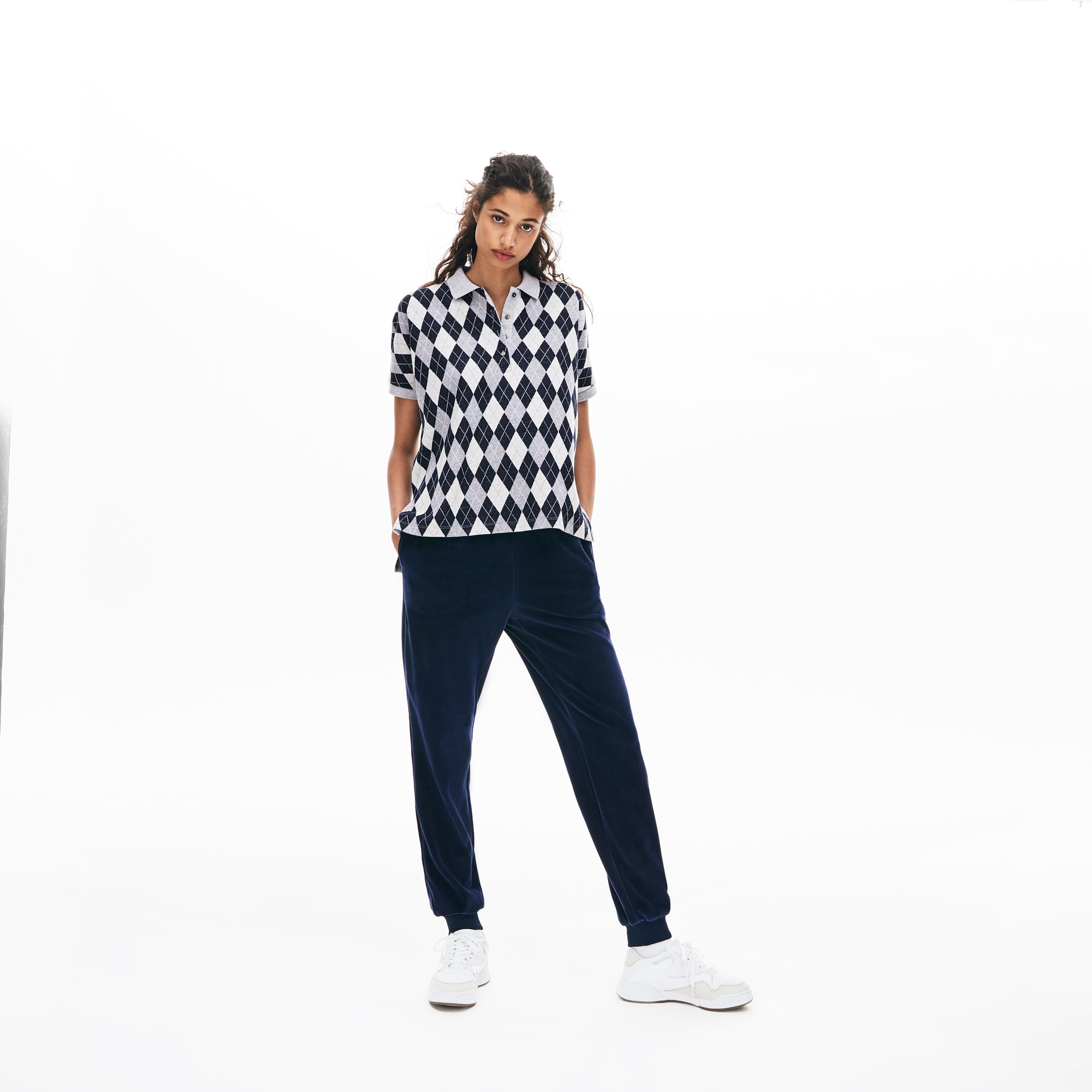 Lacoste Kadın Baklava Desenli Lacivert/Gri Polo