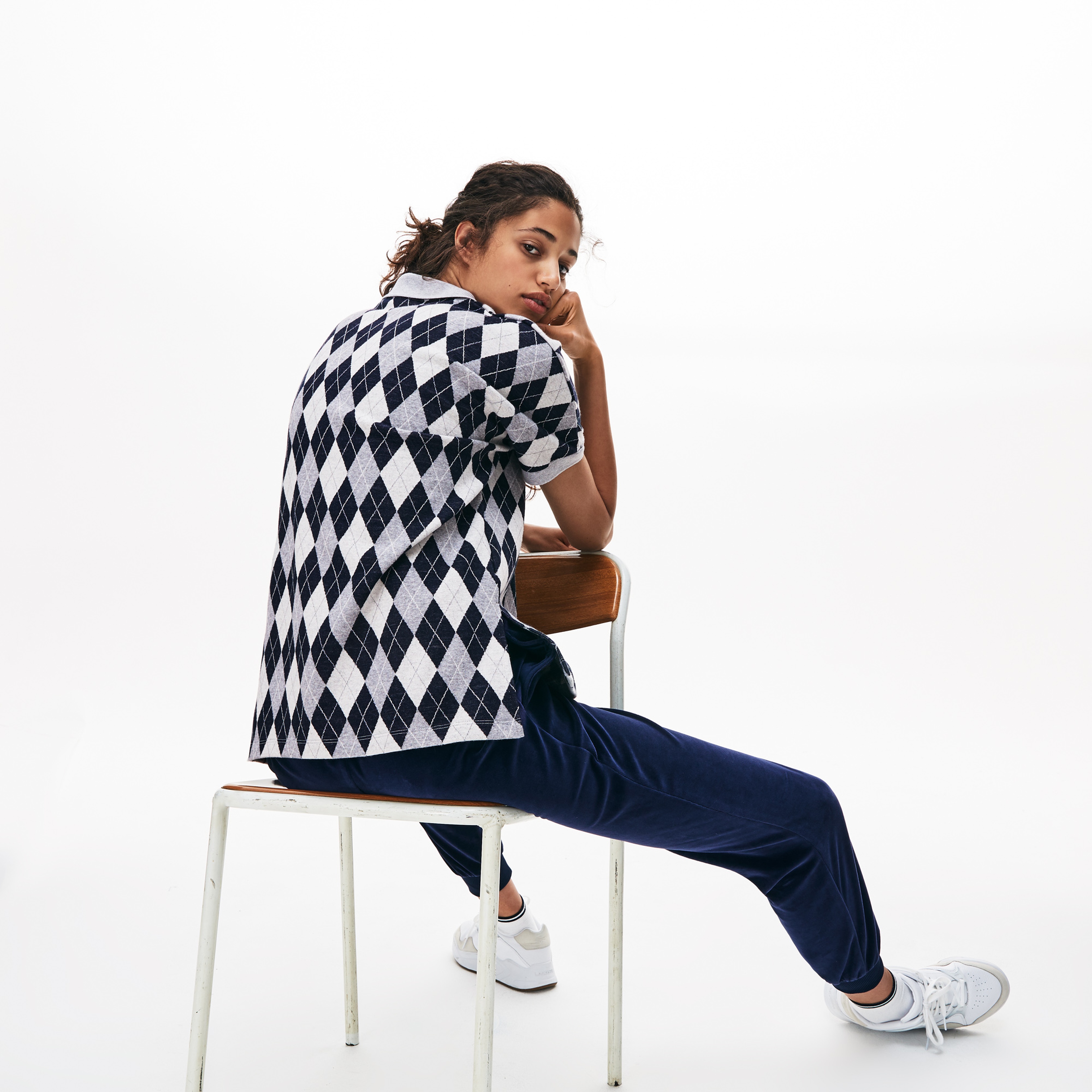 Lacoste Kadın Baklava Desenli Lacivert/Gri Polo