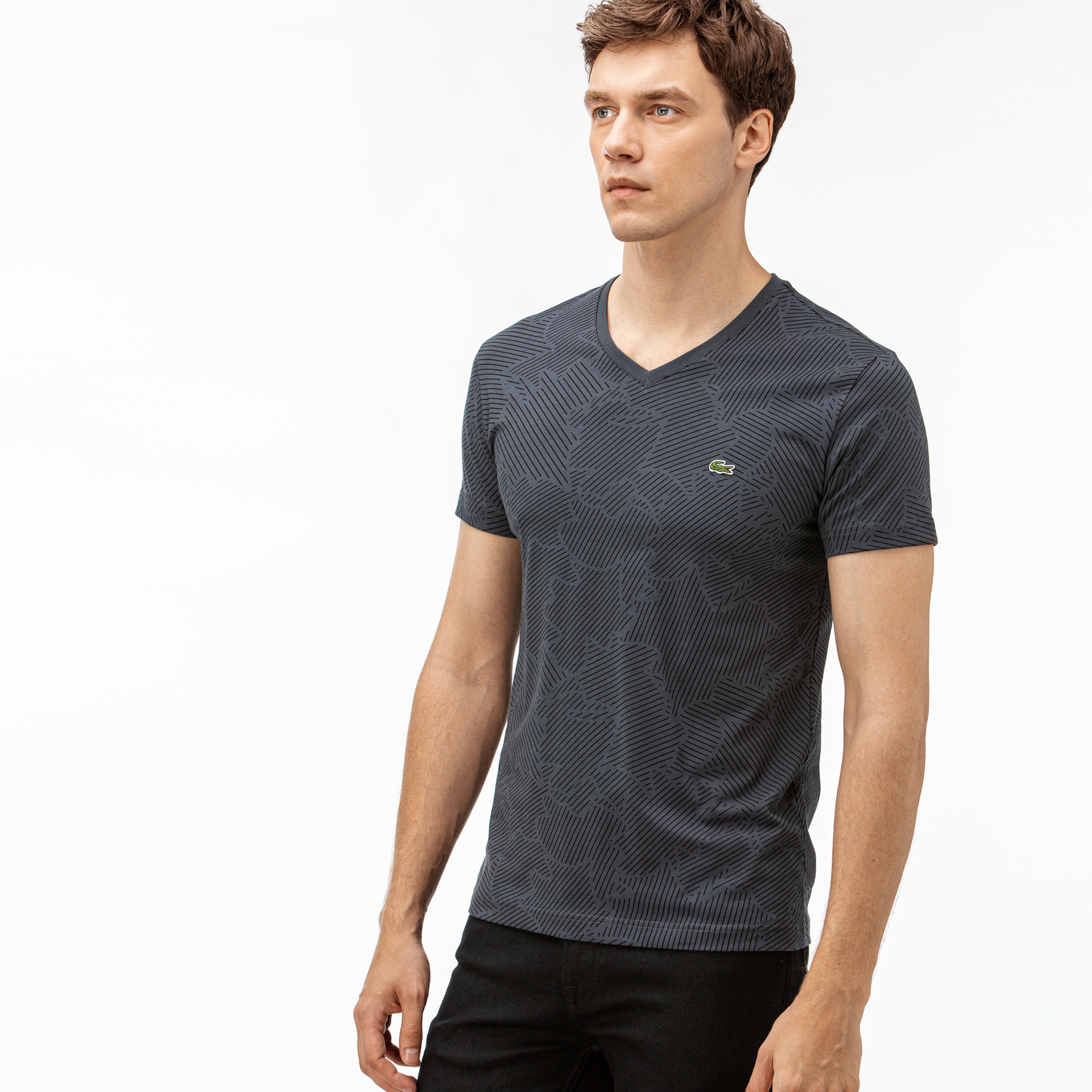 Lacoste Erkek Desenli V Yaka Gri T-Shirt