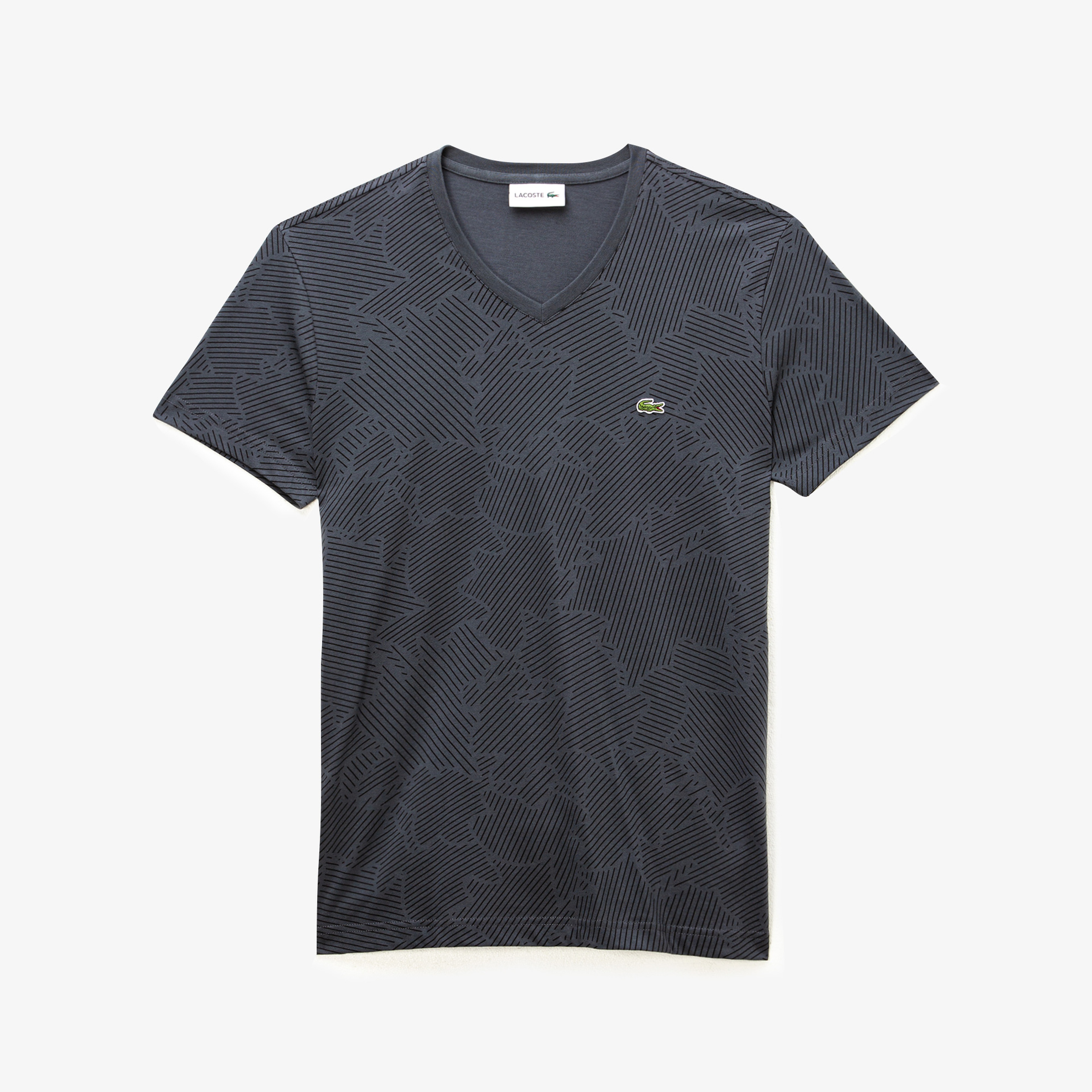Lacoste Erkek Desenli V Yaka Gri T-Shirt