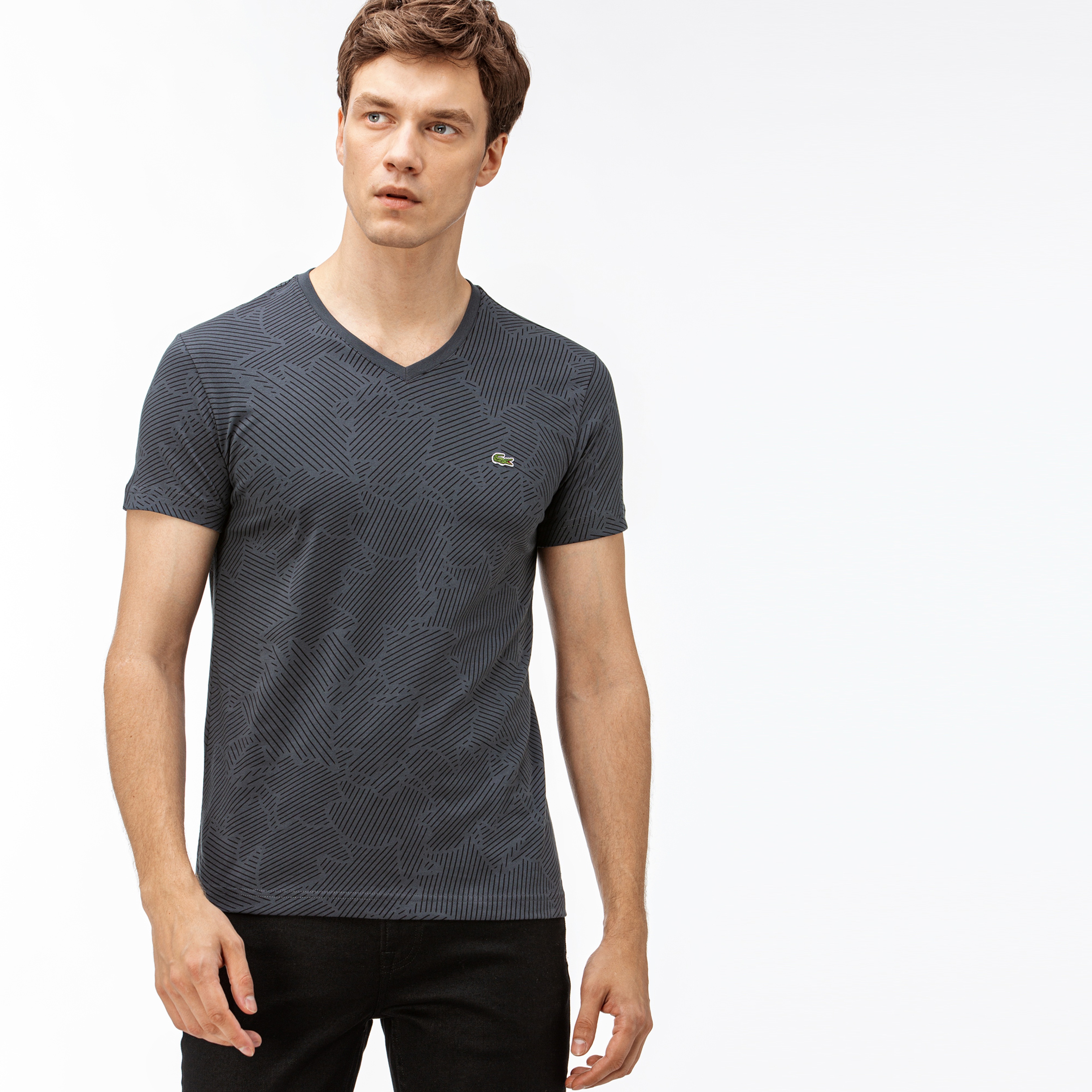 Lacoste Erkek Desenli V Yaka Gri T-Shirt
