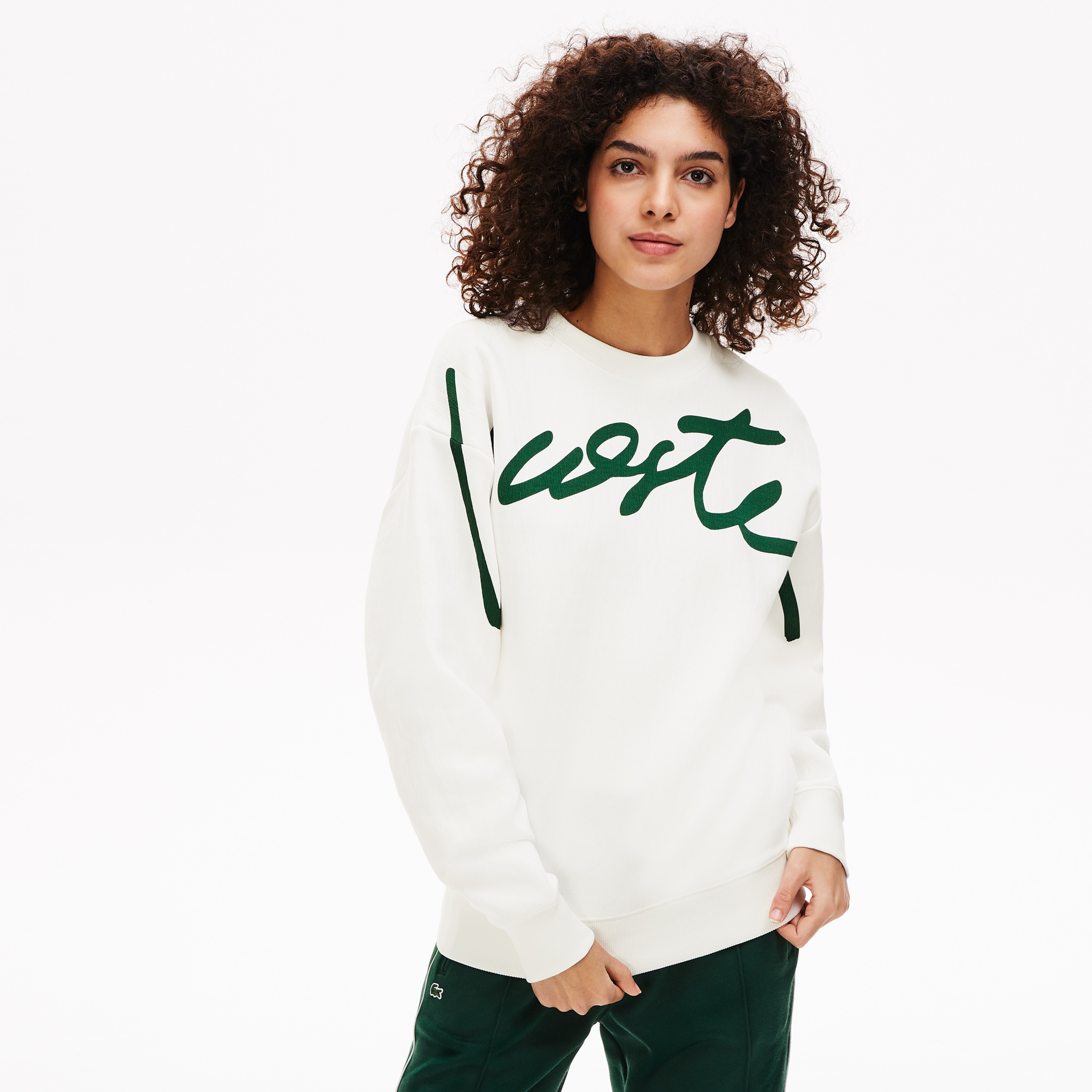 Lacoste Unisex Loose Fit Baskılı Bisiklet Yaka Bej Sweatshirt