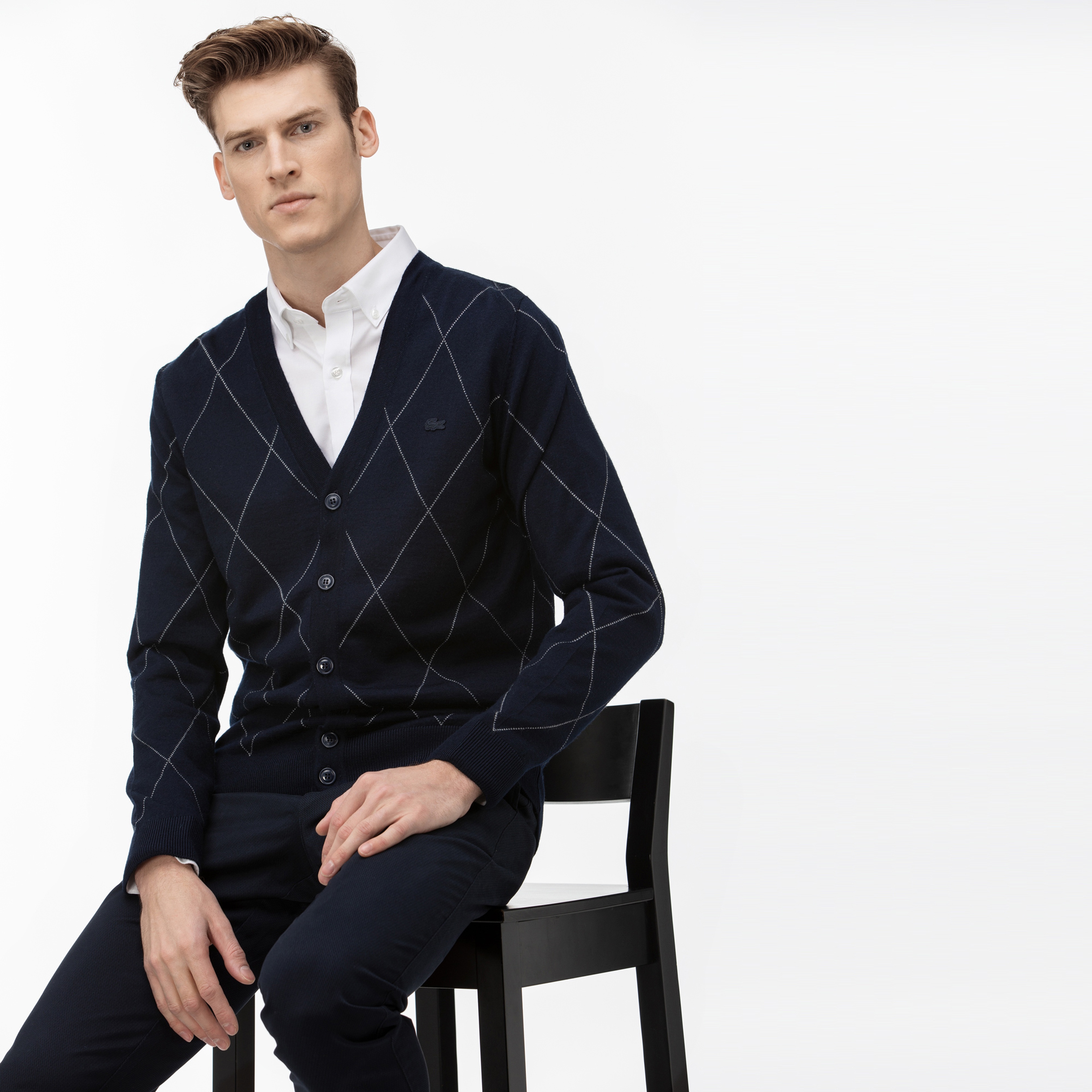 Lacoste Erkek Baklava Desenli Lacivert Triko Hırka