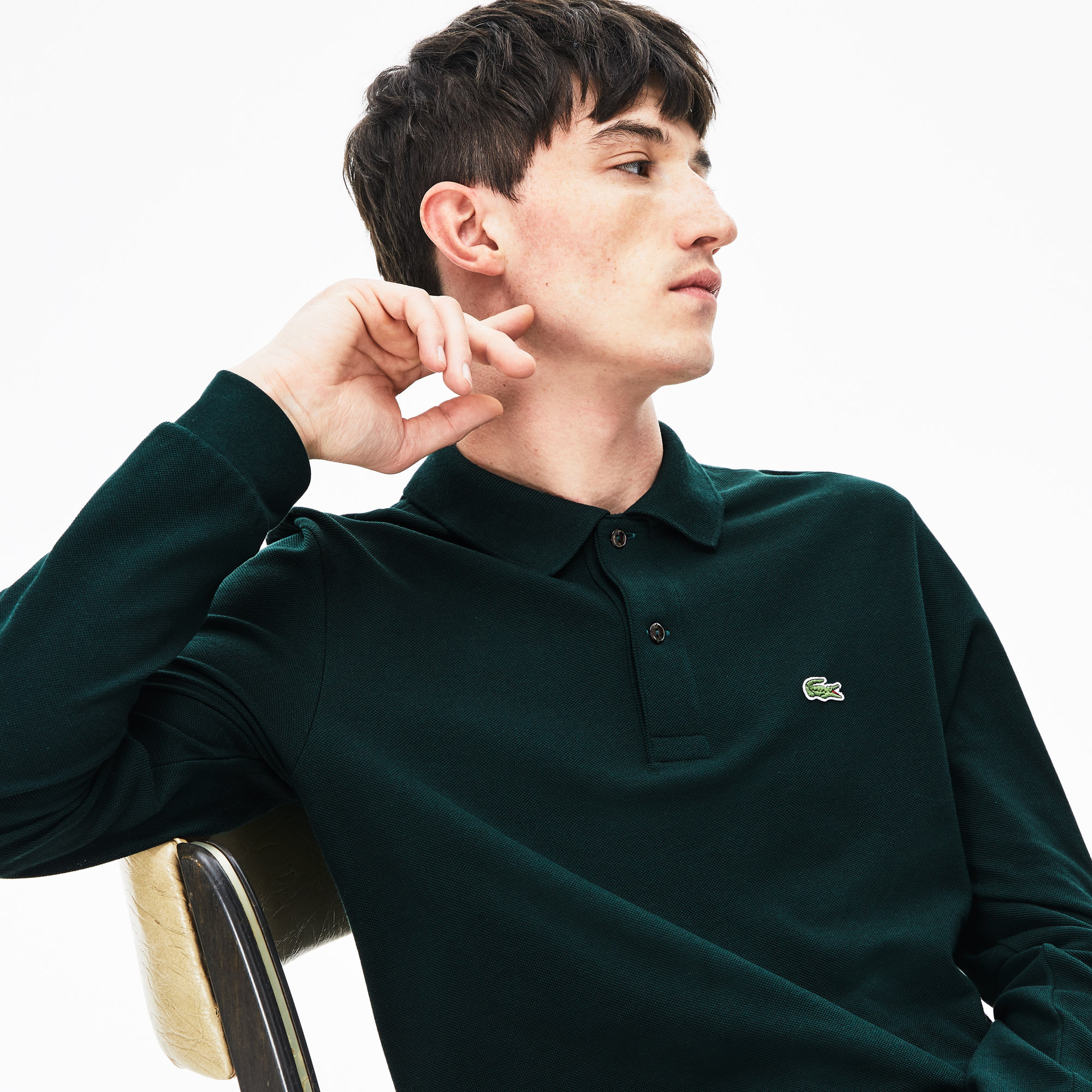 L.12.12 Erkek Classic Fit Uzun Kollu Koyu Yeşil Polo