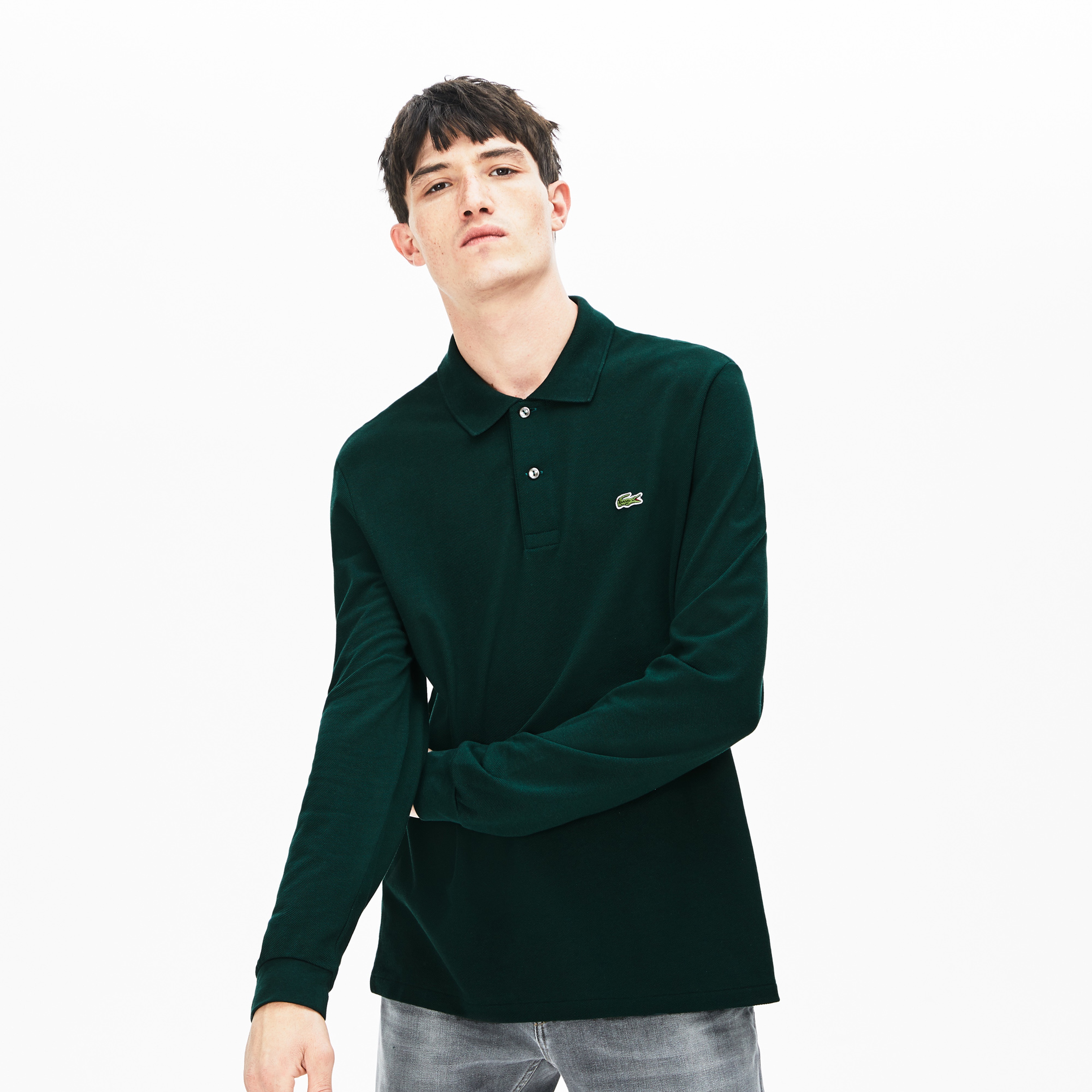 L.12.12 Erkek Classic Fit Uzun Kollu Koyu Yeşil Polo