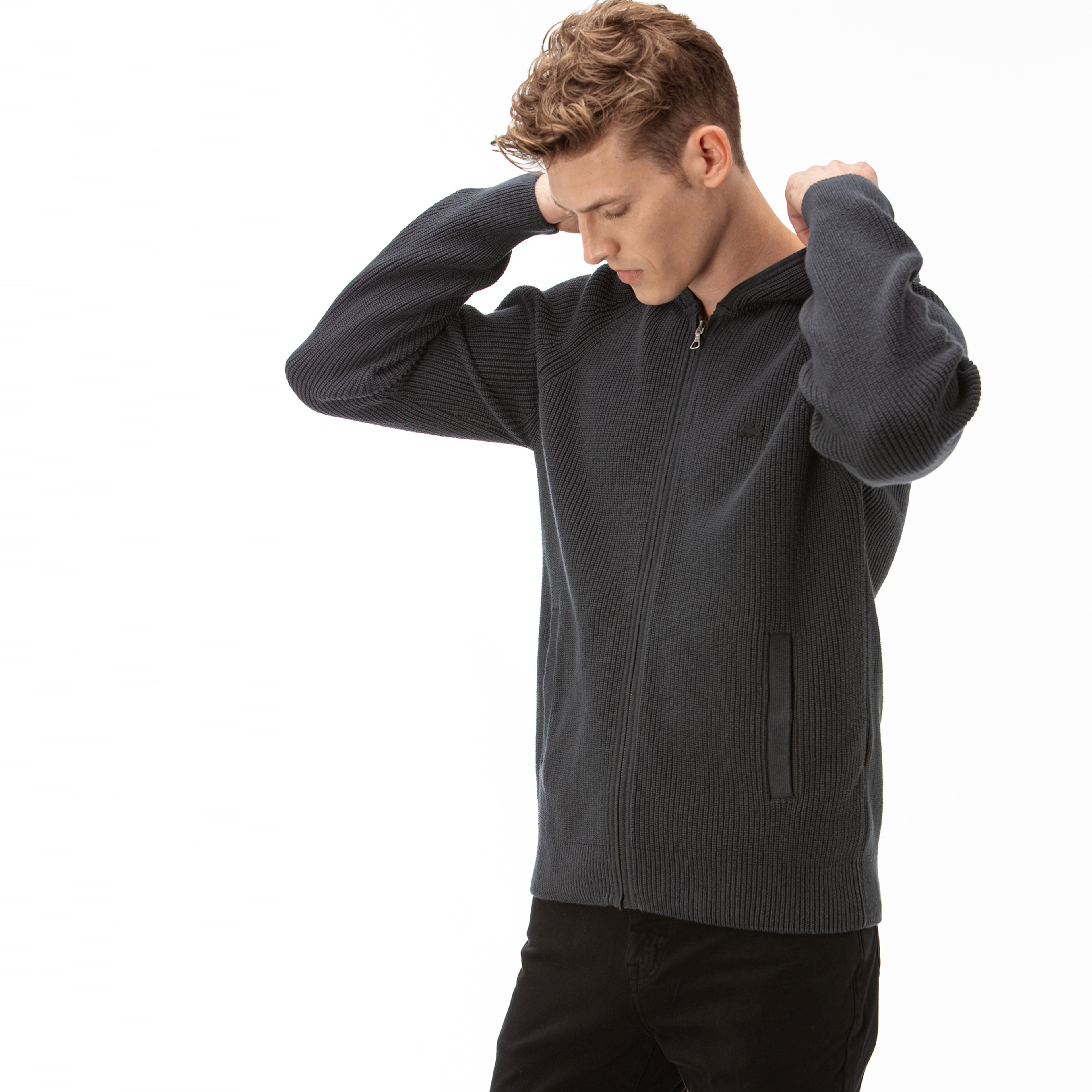 Lacoste Erkek Gri Kapüşonlu Fermuarlı Triko Hırka7 - L/XLAH2051