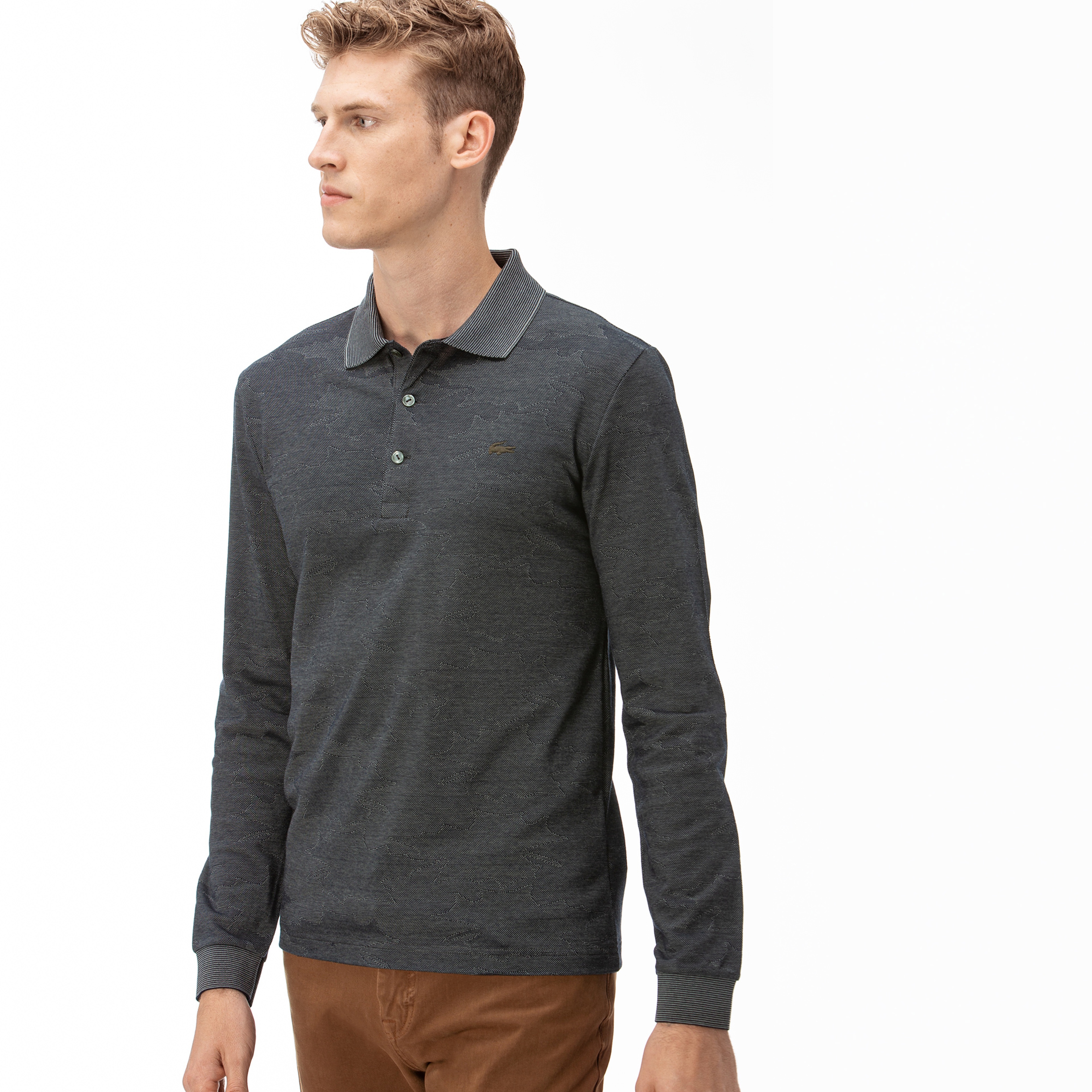 Lacoste Erkek Desenli Uzun Kollu Koyu Gri Polo