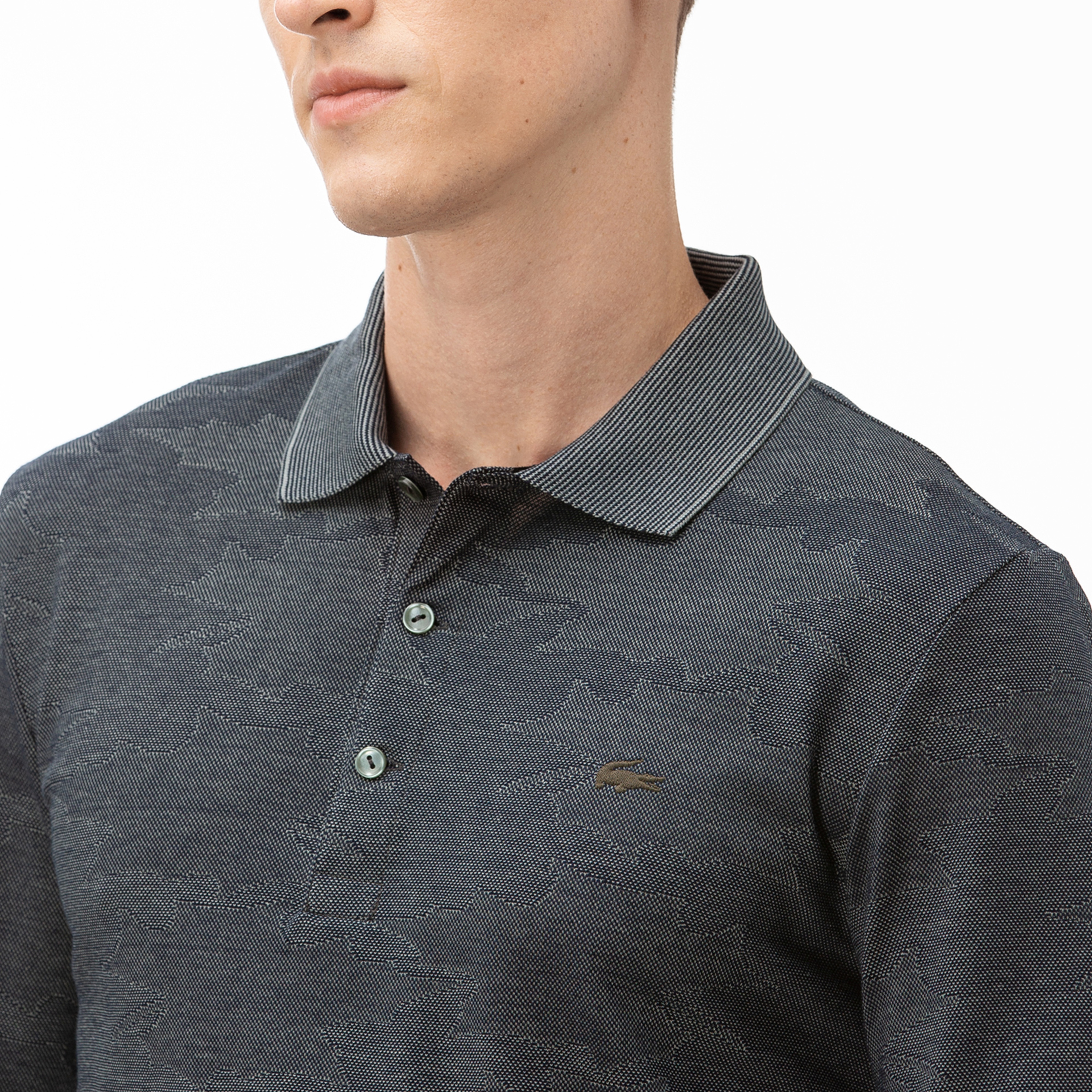 Lacoste Erkek Desenli Uzun Kollu Koyu Gri Polo