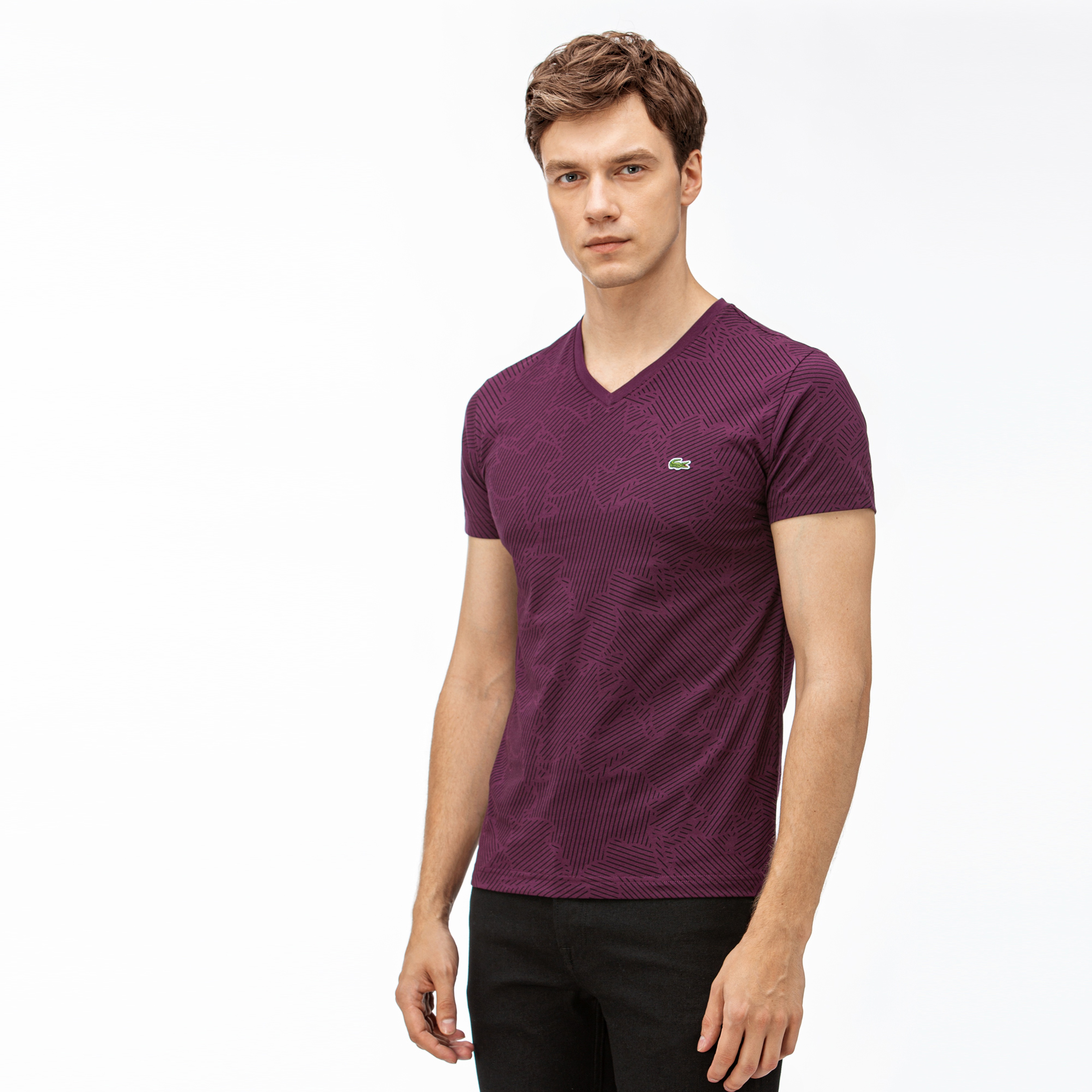 Lacoste Erkek Desenli V Yaka Mor T-Shirt